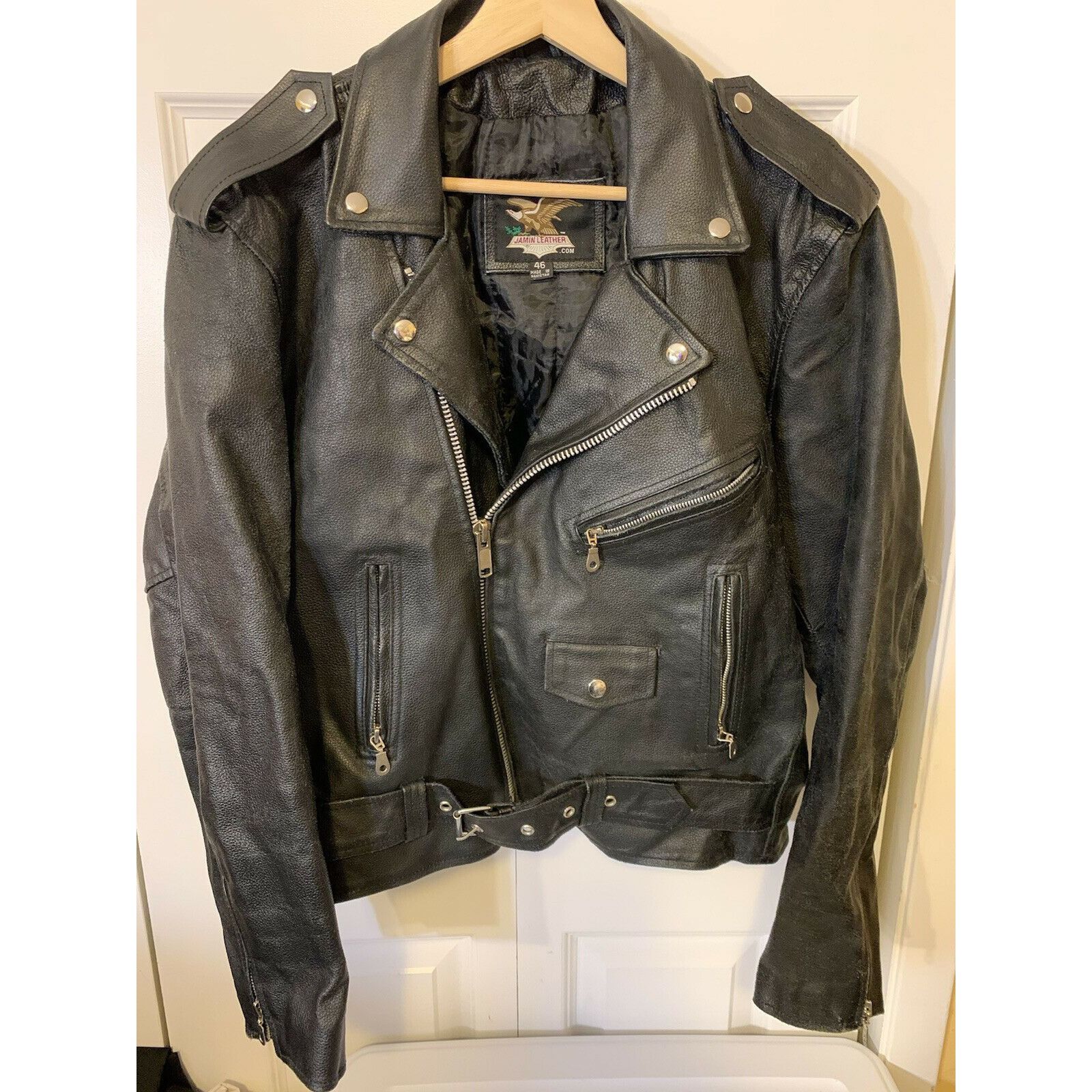 Other Jamin Leather Motorcycle Black Jacket Sz 46 w/Belt HEAVY Bik Size US XL / EU 56 / 4 - 3 Thumbnail