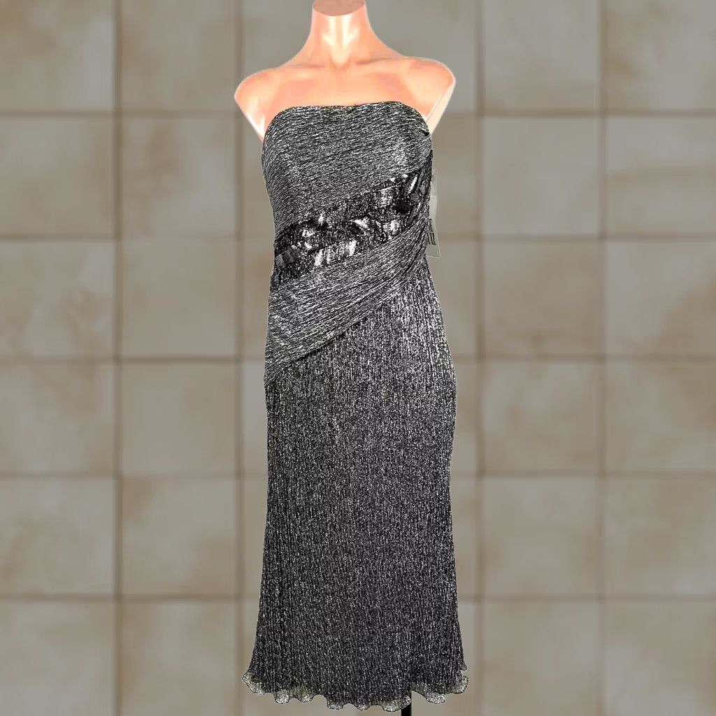 Neiman Marcus VINTAGE Rene Ruiz Neiman Marcus Silver Sequin Cocktail Dress Midi Pleated Metallic Lame Size L / US 10 / IT 46 - 1 Thumbnail