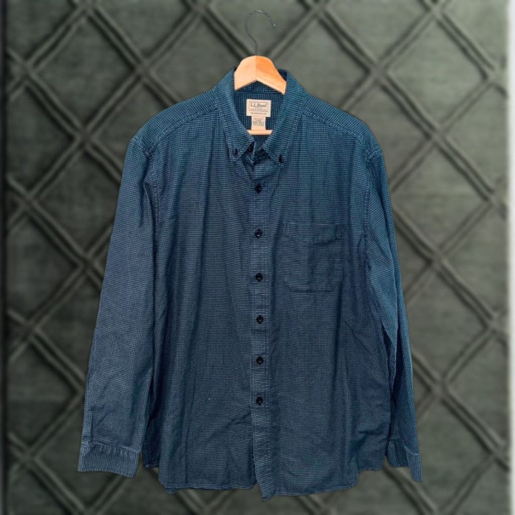 Vintage LL Bean Large Blue Green Houndstooth Button Down Shirt Traditional Fit Cotton Size US L / EU 52-54 / 3 - 1 Thumbnail