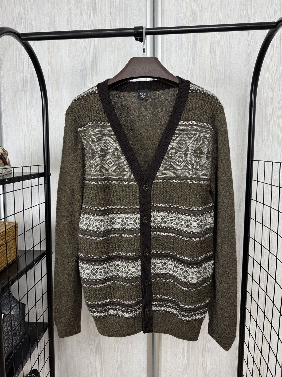 Hugo Boss Hugo Boss striped ornament wool alpaca angora silk cardigan Size US L / EU 52-54 / 3 - 1 Thumbnail