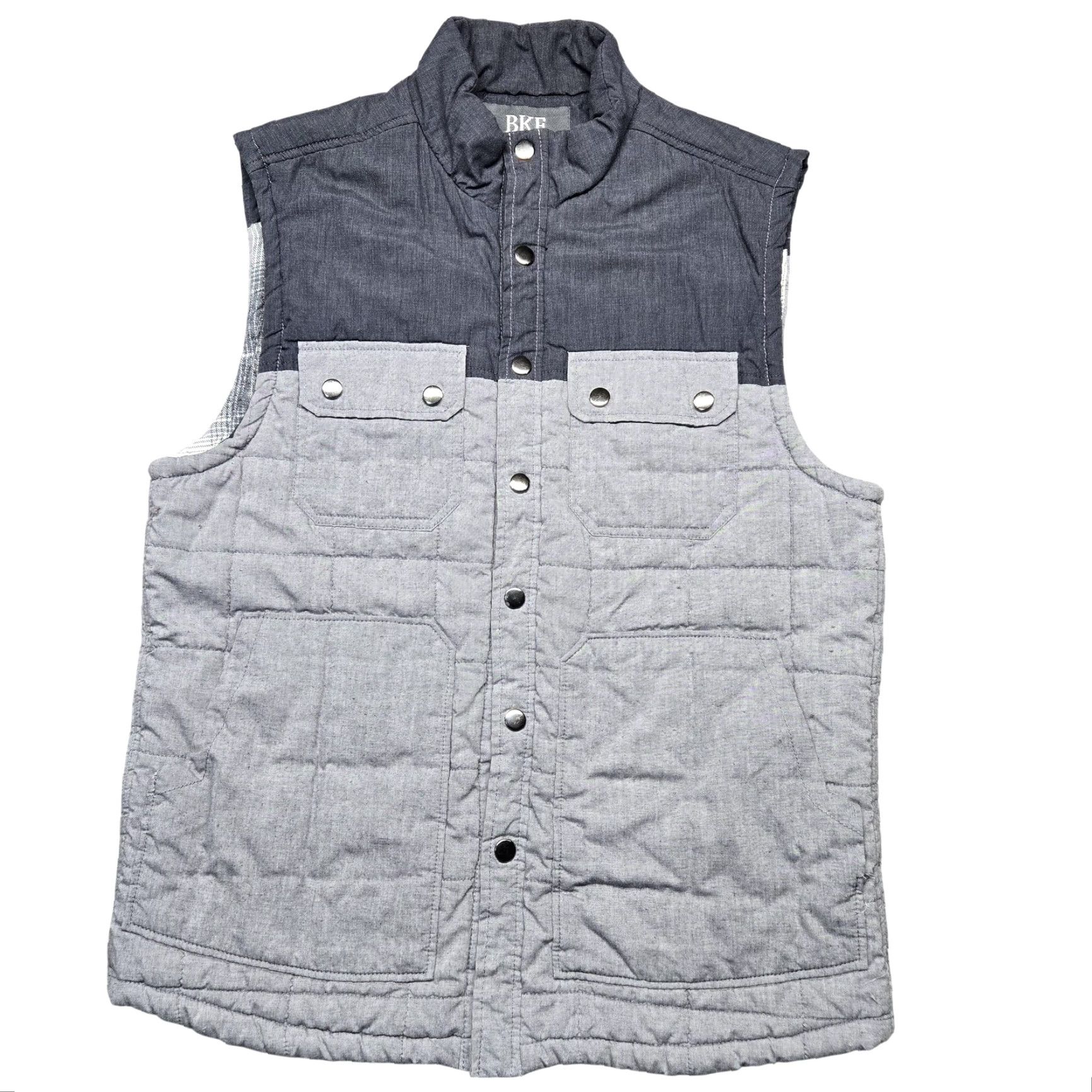 BKE BKE Vest Mens M Gray Chambray Quilted Snap Front Pockets Plaid Lined Size US M / EU 48-50 / 2 - 2 Thumbnail