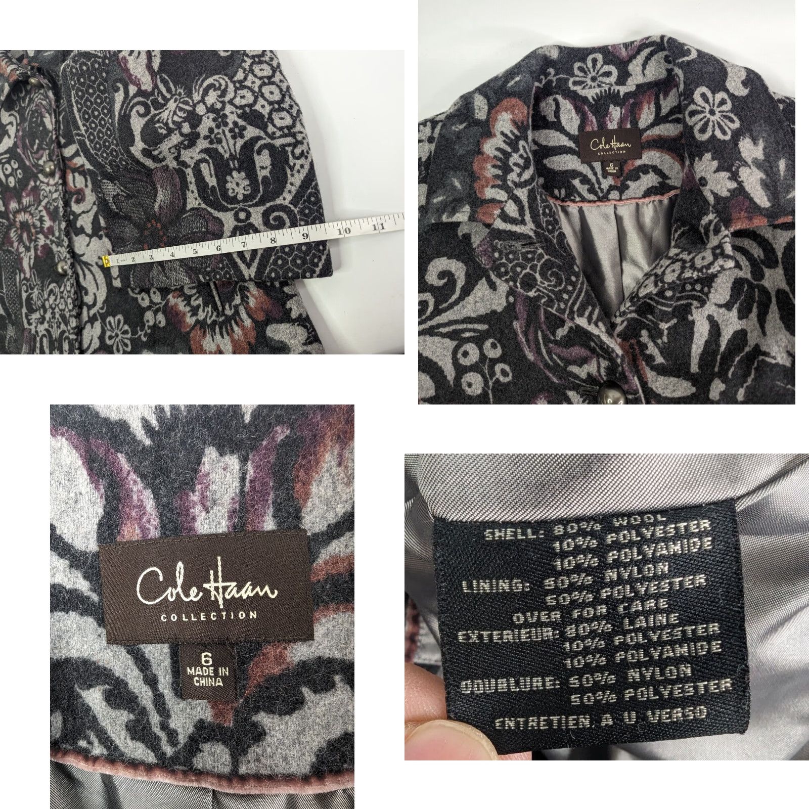 Cole Haan Cole Haan Collection Short Wool Jacket Gray Floral Pattern Size 6 Women Waist Length Wool Blend Button Front Size 28" / US 6 / IT 42 - 8 Thumbnail