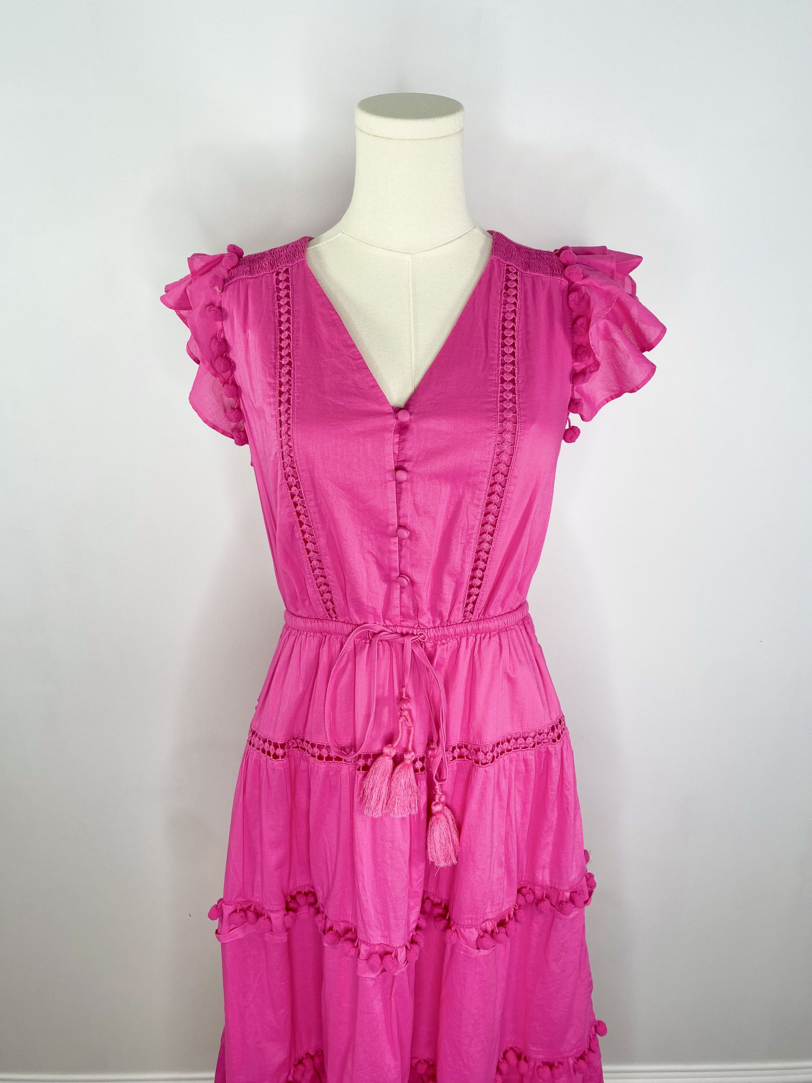 J Crew - Pink Boho Flamenco Pom-Pom Maxi Dress