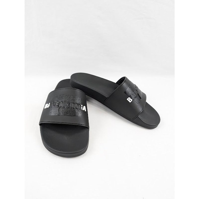 Balenciaga o1rshd1 Pool Logo Slides in Black/White Size US 12 / EU 45 - 16 Thumbnail