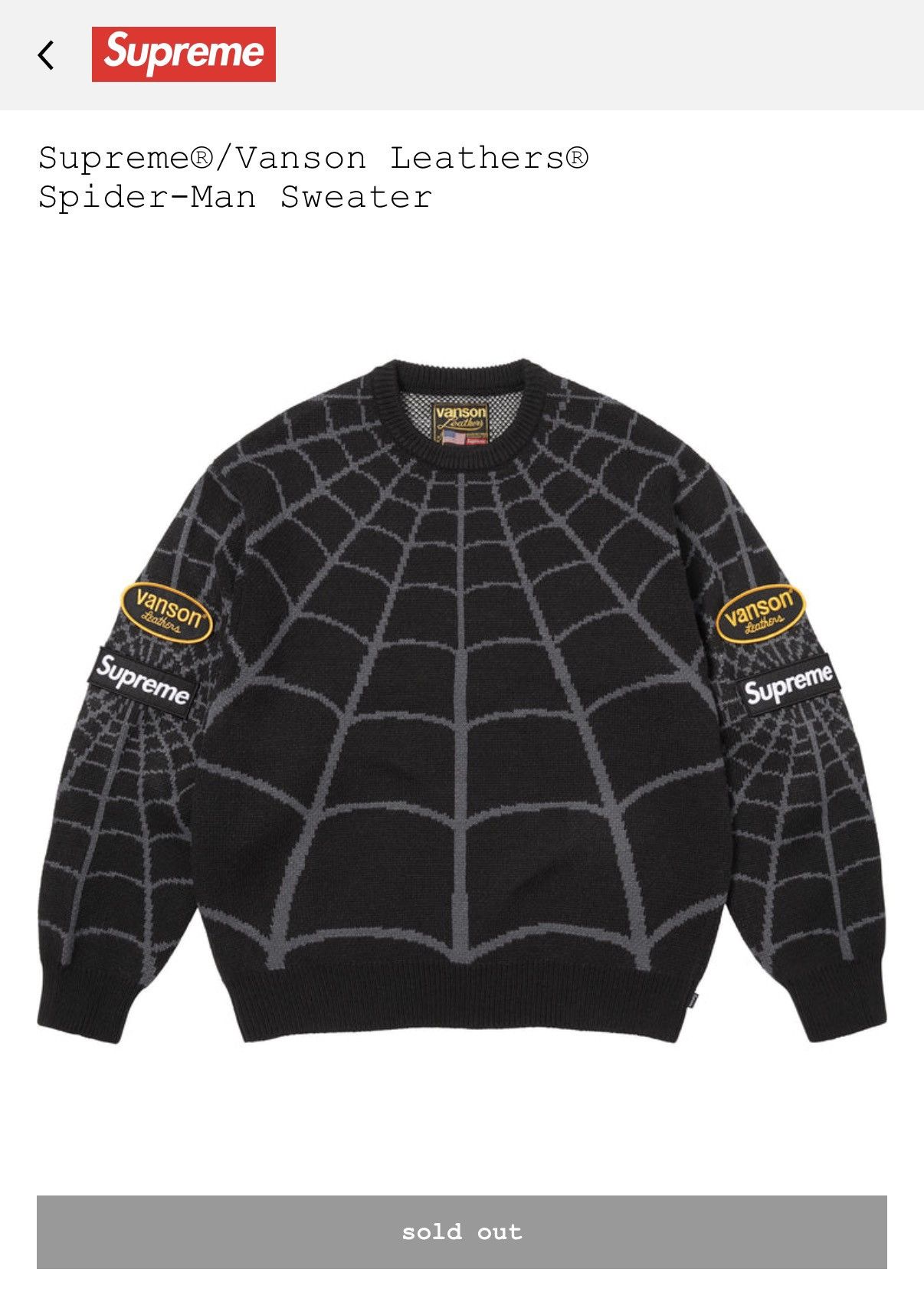 Supreme × Vanson Leathers Supreme/Vanson Leathers Spider-Man Sweater Black Brand New Size US M / EU 48-50 / 2 - 9 Thumbnail