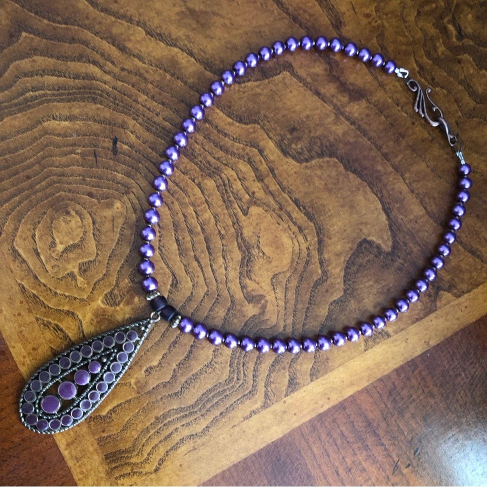 Handmade Handcrafted repurpose purple enamel raindrop Pearl necklace Size ONE SIZE - 9 Thumbnail