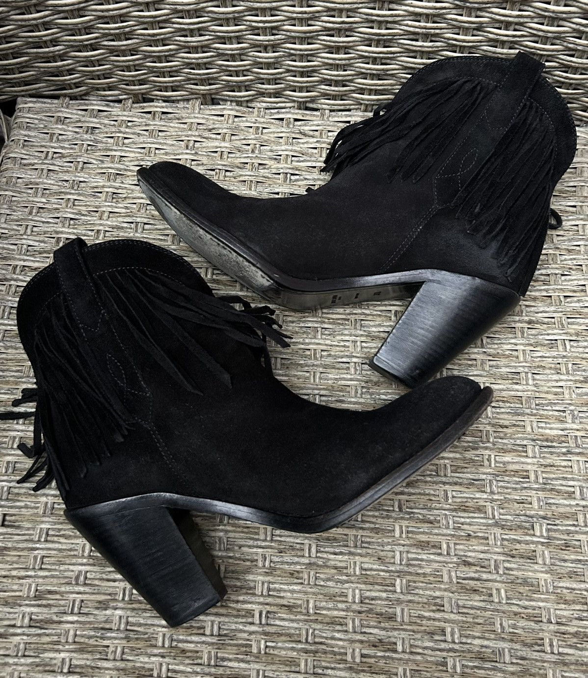 Saint Laurent Paris Black Suede Ankle Western Fringe Boots