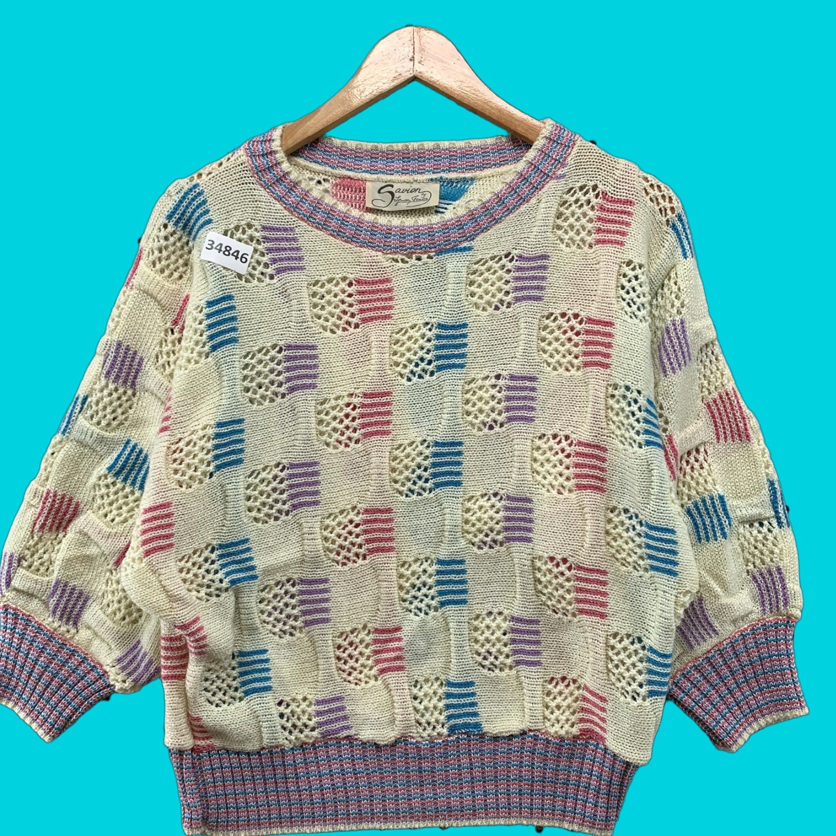 VINTAGE Savion By Lgnacy Feuer Sweater Top Woman Small Geometric Crew Neck Multicolor Long Sleeve Knit Pullover