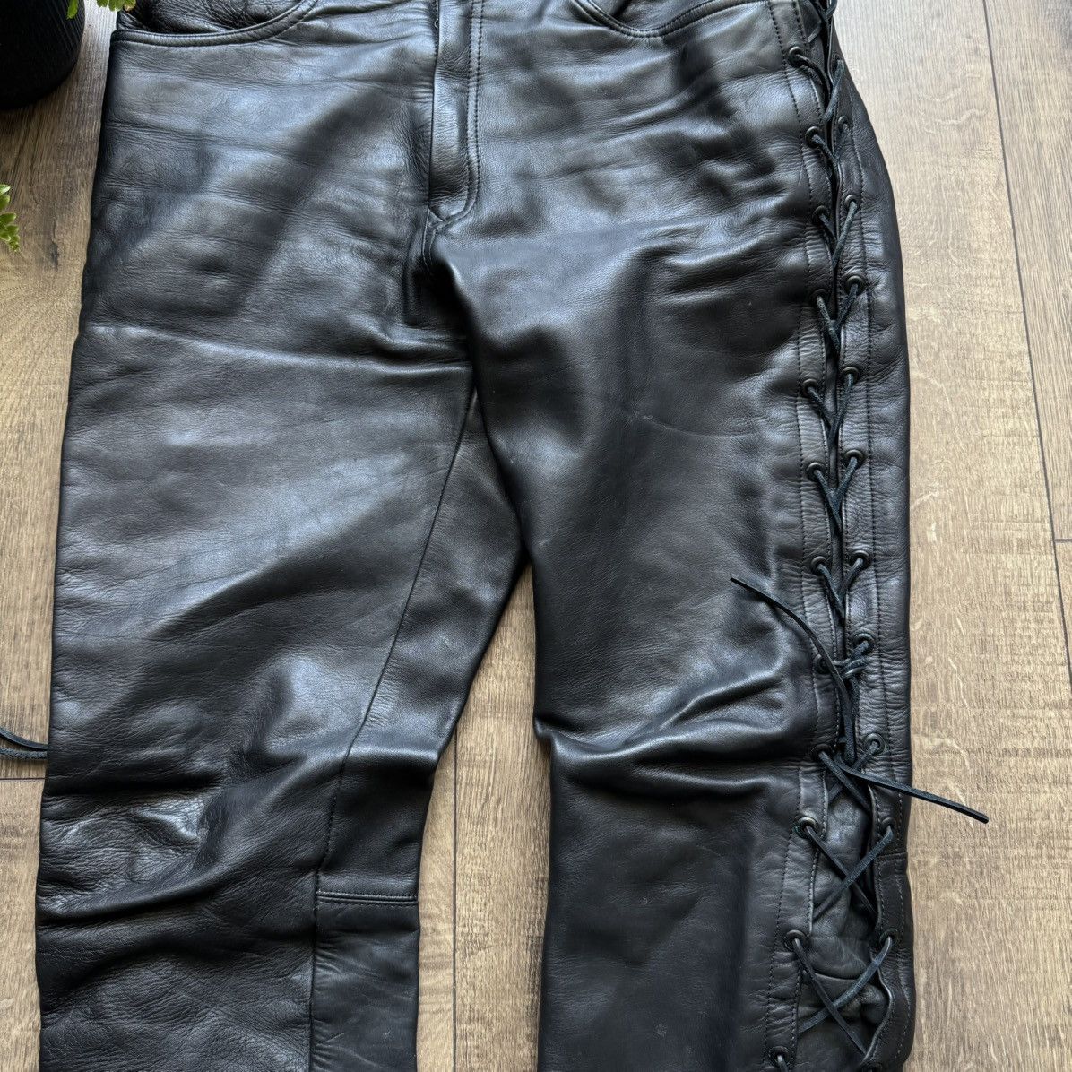 Genuine Leather × Harley Davidson × Vintage Crazy Heavyweight Leather Lace Up Motorcycle Pants Vintage Size US 37 - 5 Thumbnail