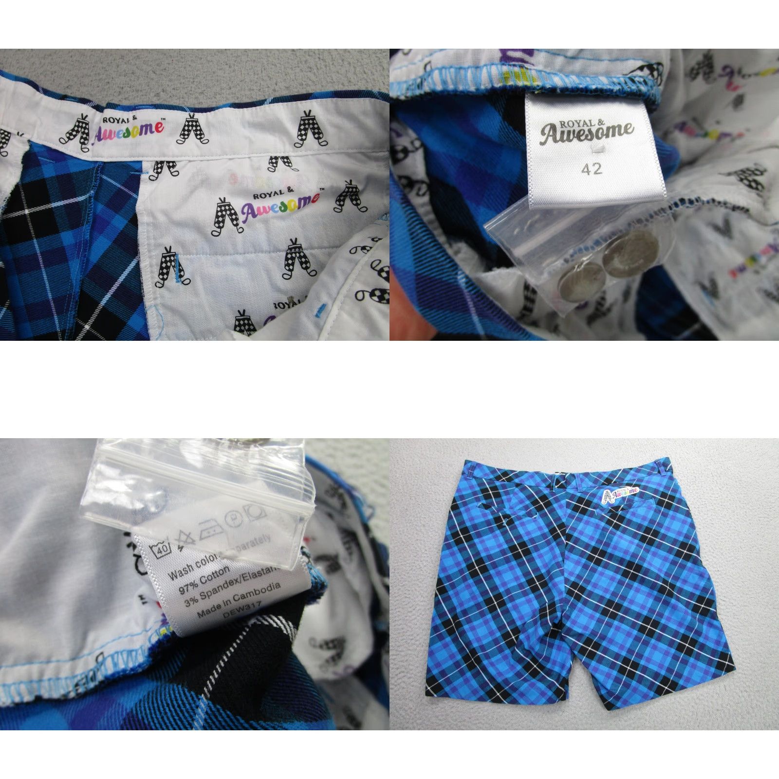 Vintage Royal & Awesome Shorts Mens 42 Blue Black Plaid Golf Stretch Chino Zip Fly Regular Cotton Spandex Pockets Breathable Activewear Casual Mens Size US 42 / EU 58 - 8 Thumbnail
