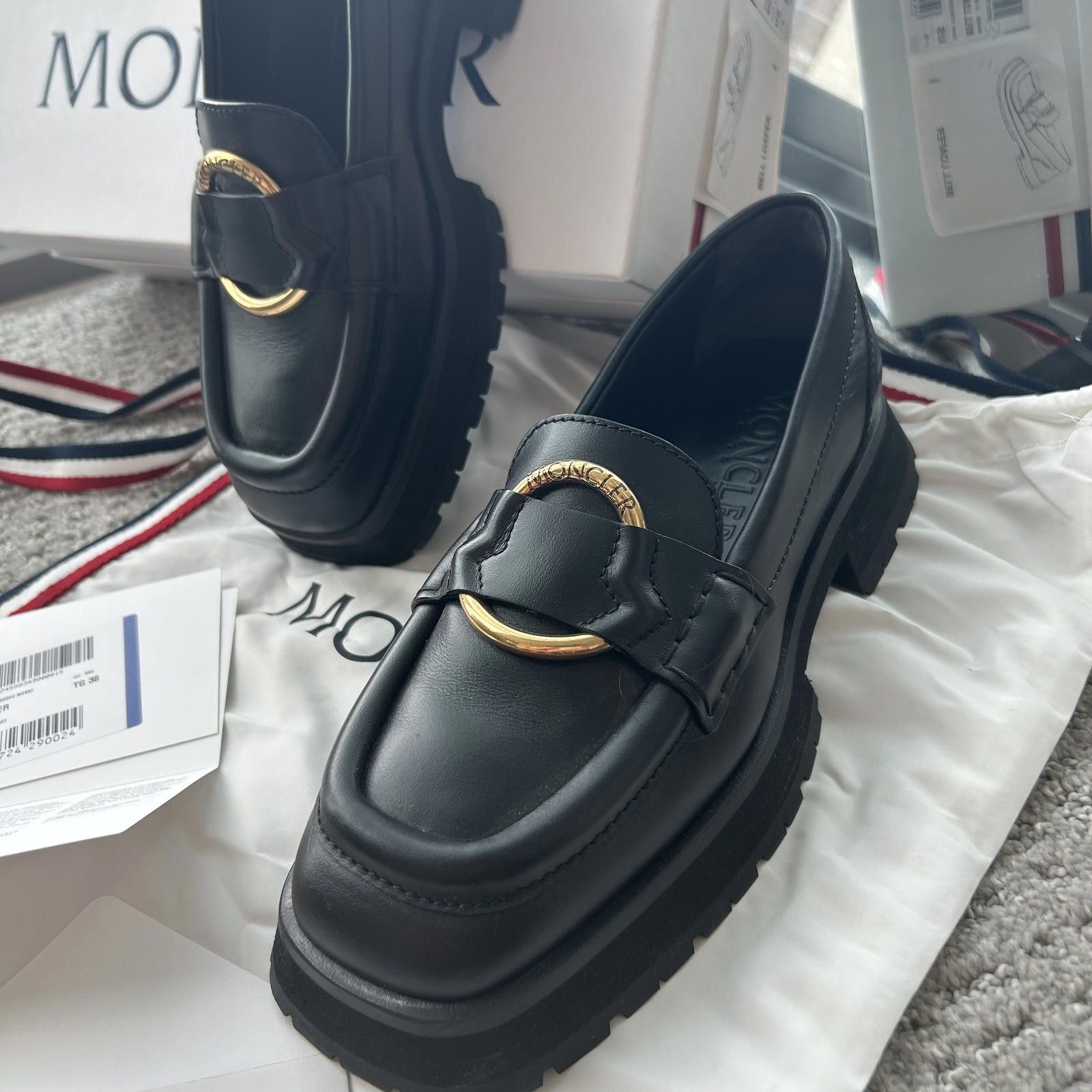 Moncler Moncler Women's Black Leather Loafers with Gold Accent Size US 8 / IT 38 - 1 Thumbnail