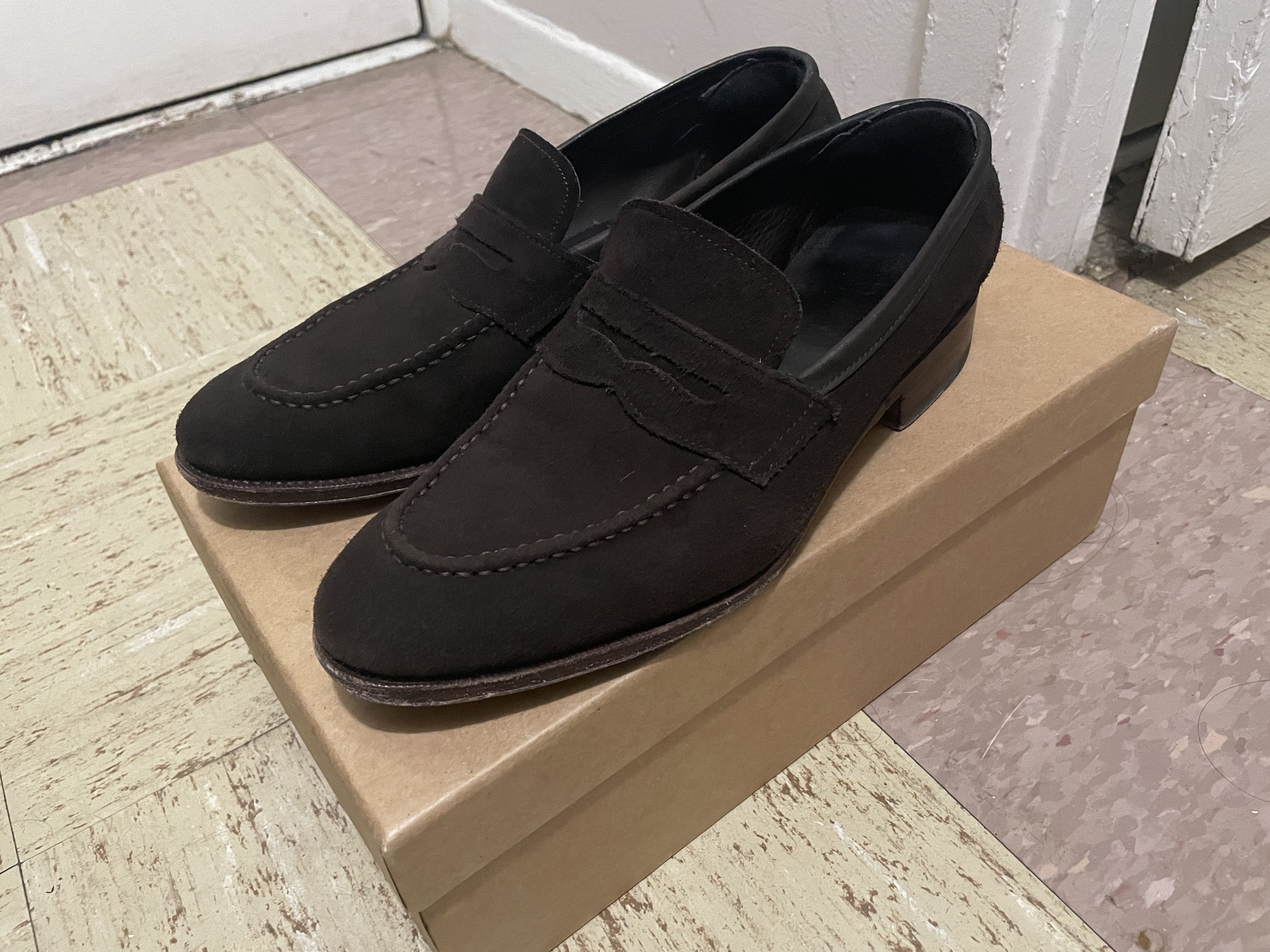 Meermin Penny Loafers, UK 7E Men, Dark Brown Suede