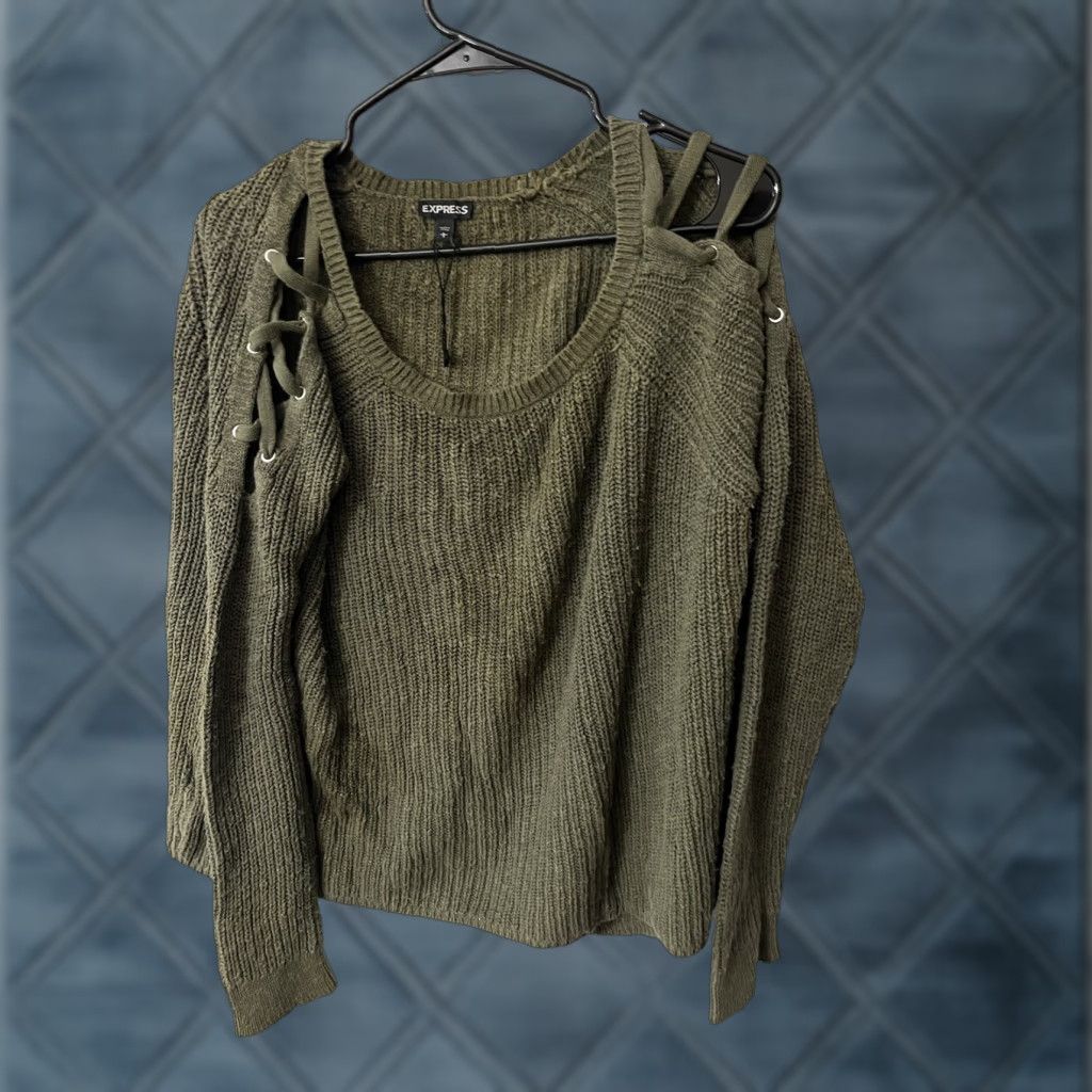 Express VINTAGE Express Green Sweater Women Large Knit Cotton Bohemian Open Shoulder Style Pullover Size L / US 10 / IT 46 - 1 Thumbnail