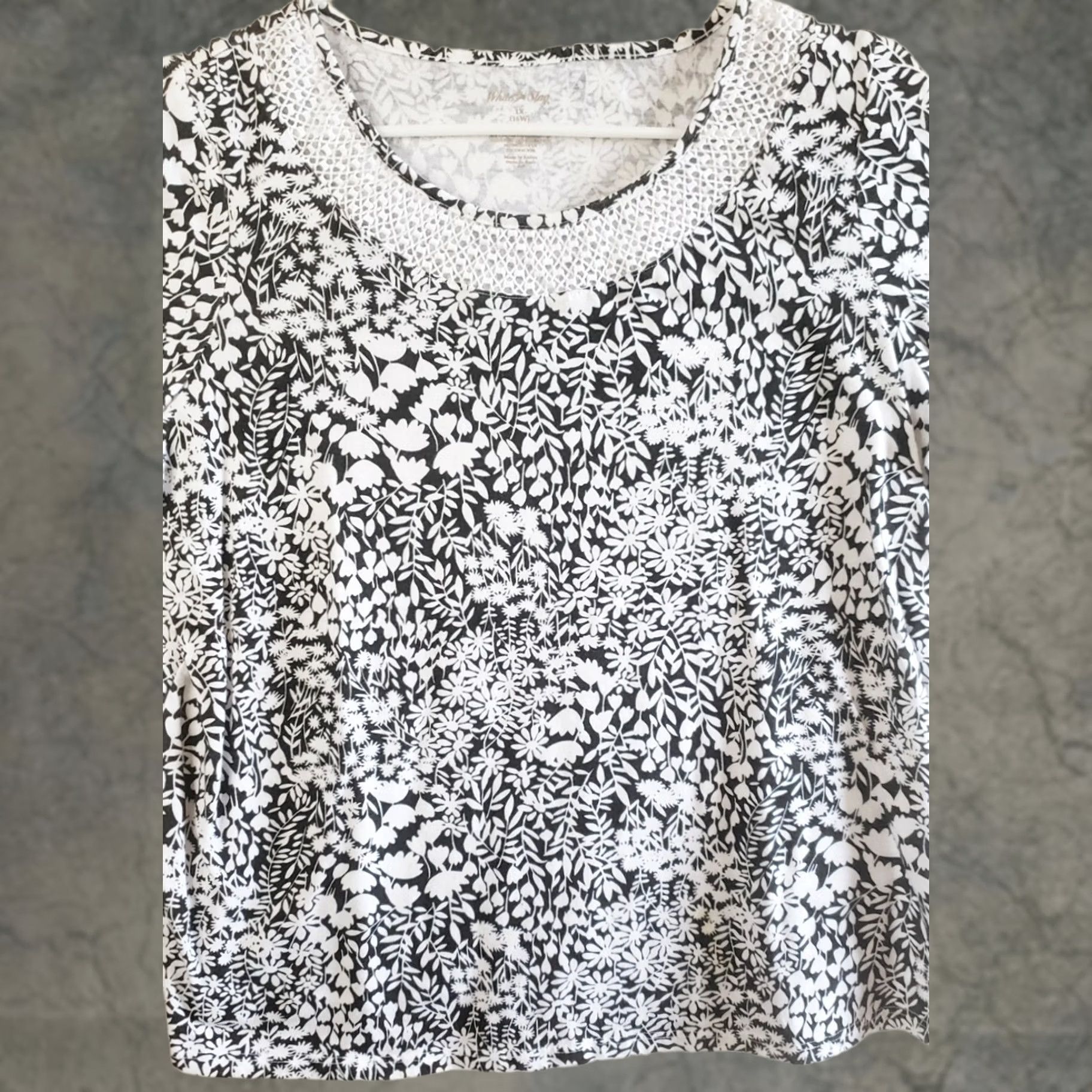 Vintage White Stag Women’s Blouse 1X Floral Round Crochet Neck Bell Sleeve Top Black White Shirt Ladies Tunic Summer Spring Fall Size XL / US 12-14 / IT 48-50 - 1 Thumbnail