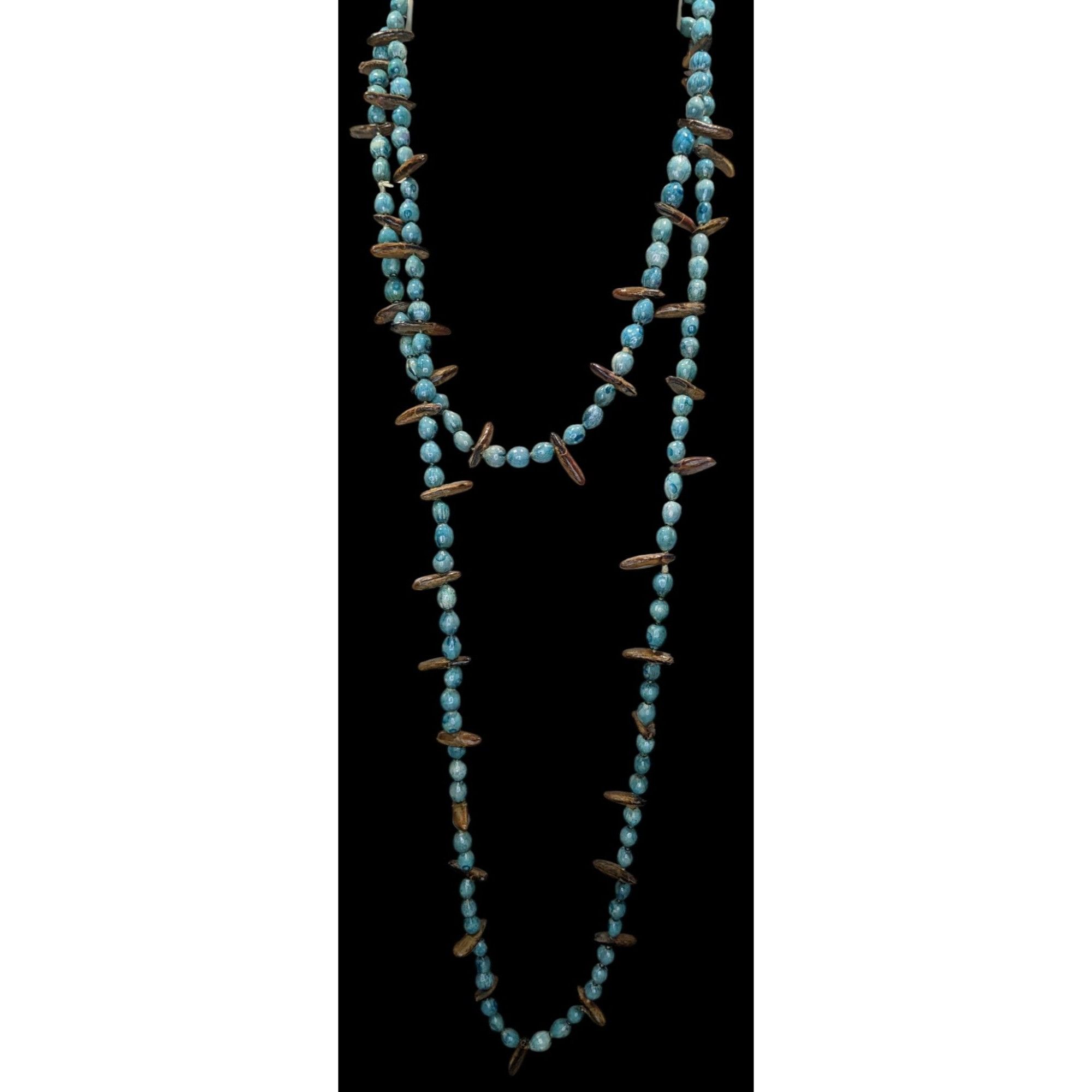 Other Vintage Blue Dyed Natural Seed Beaded Necklace With Brown Ac Size ONE SIZE - 2 Thumbnail