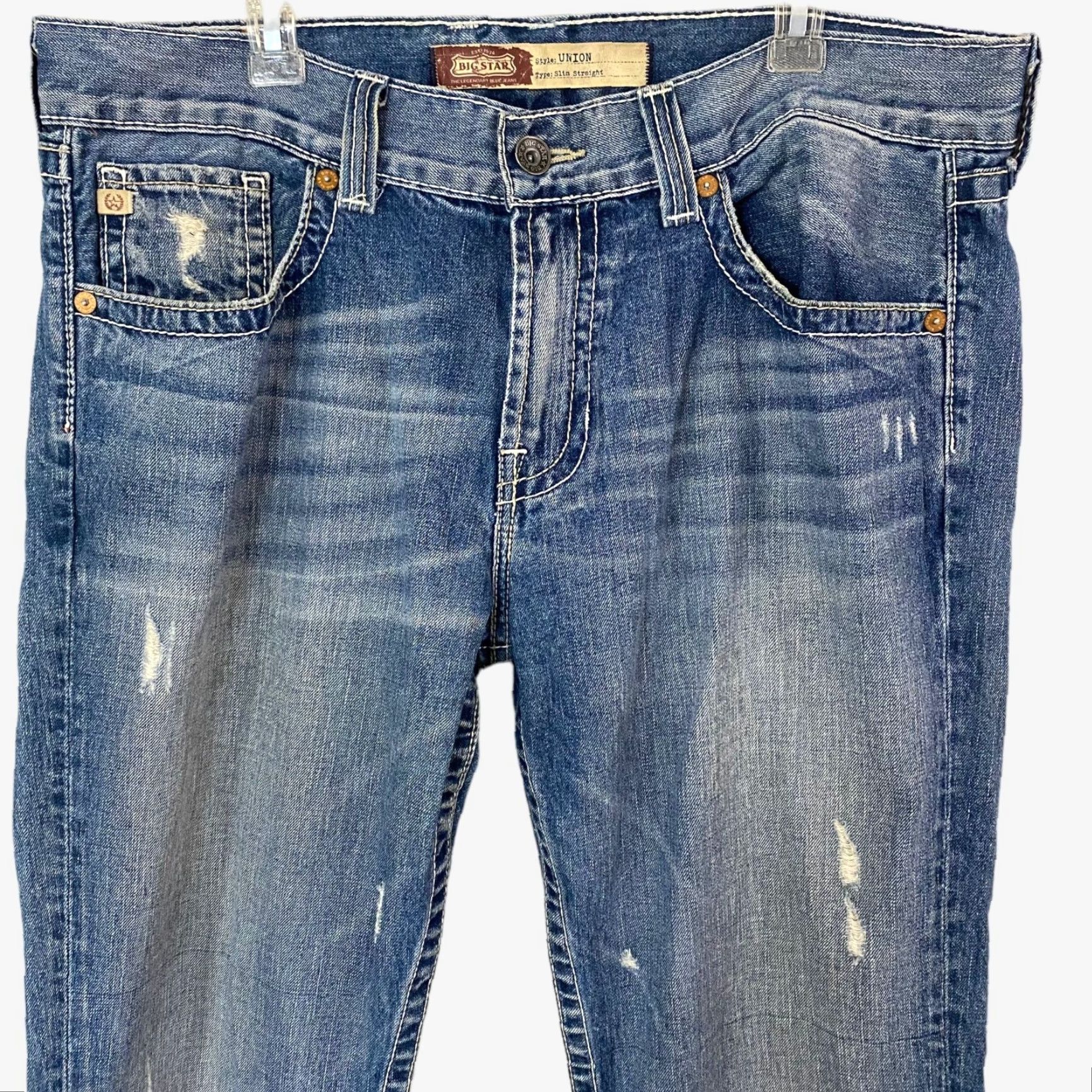 Denime VINTAGE Big Star Union Slim Straight Distressed Blue Jeans Mens 38L Denim 100% Cotton 33" Inseam Size US 38 / EU 54 - 5 Thumbnail