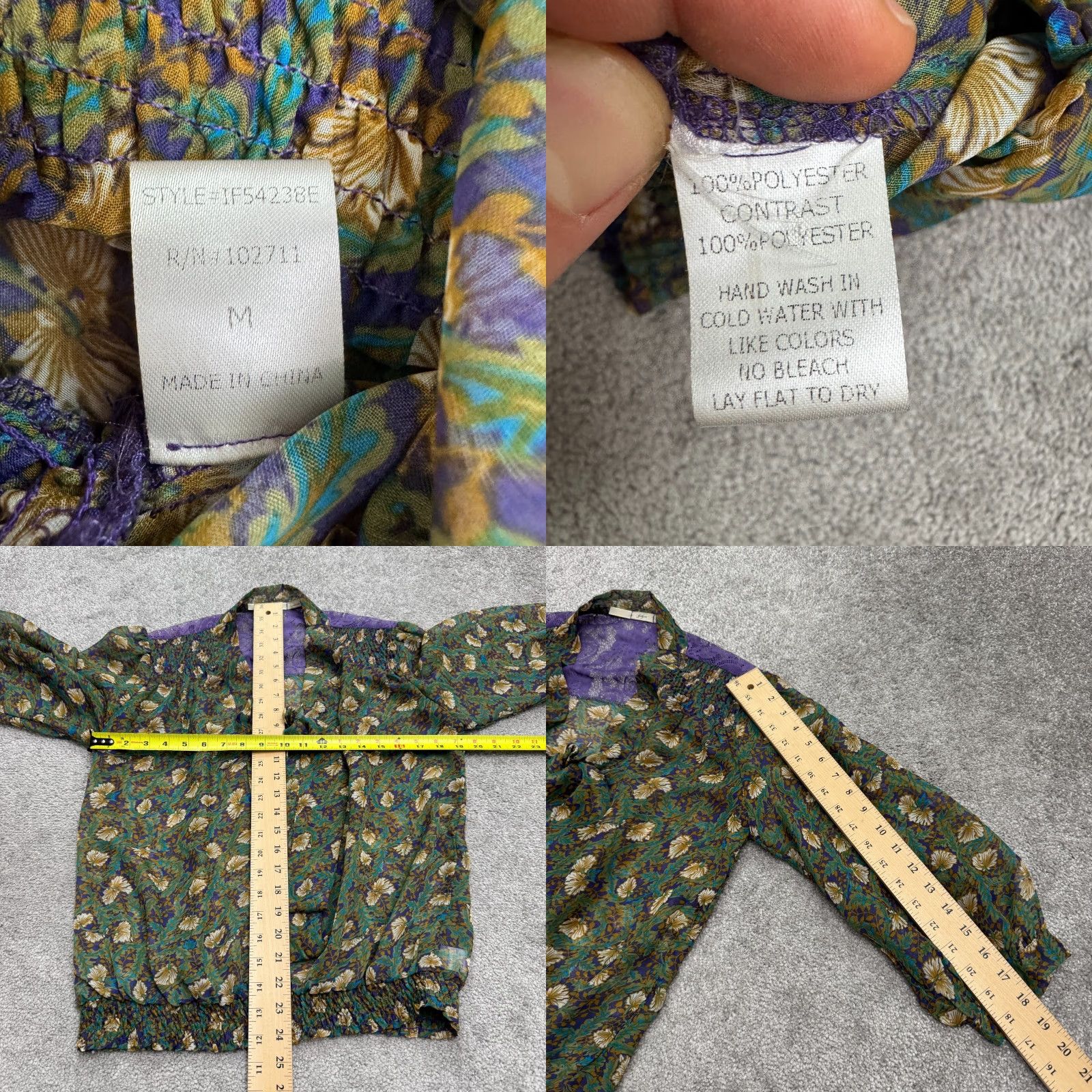 Vintage Gibson Puff Sleeve Tie High Neck Floral Blouse Womens M Green Purple Lace Floral Boho Cottage Boho Blouse, Puff Sleeve, Green, Medium, Gibson, Womens Size M / US 6-8 / IT 42-44 - 8 Thumbnail
