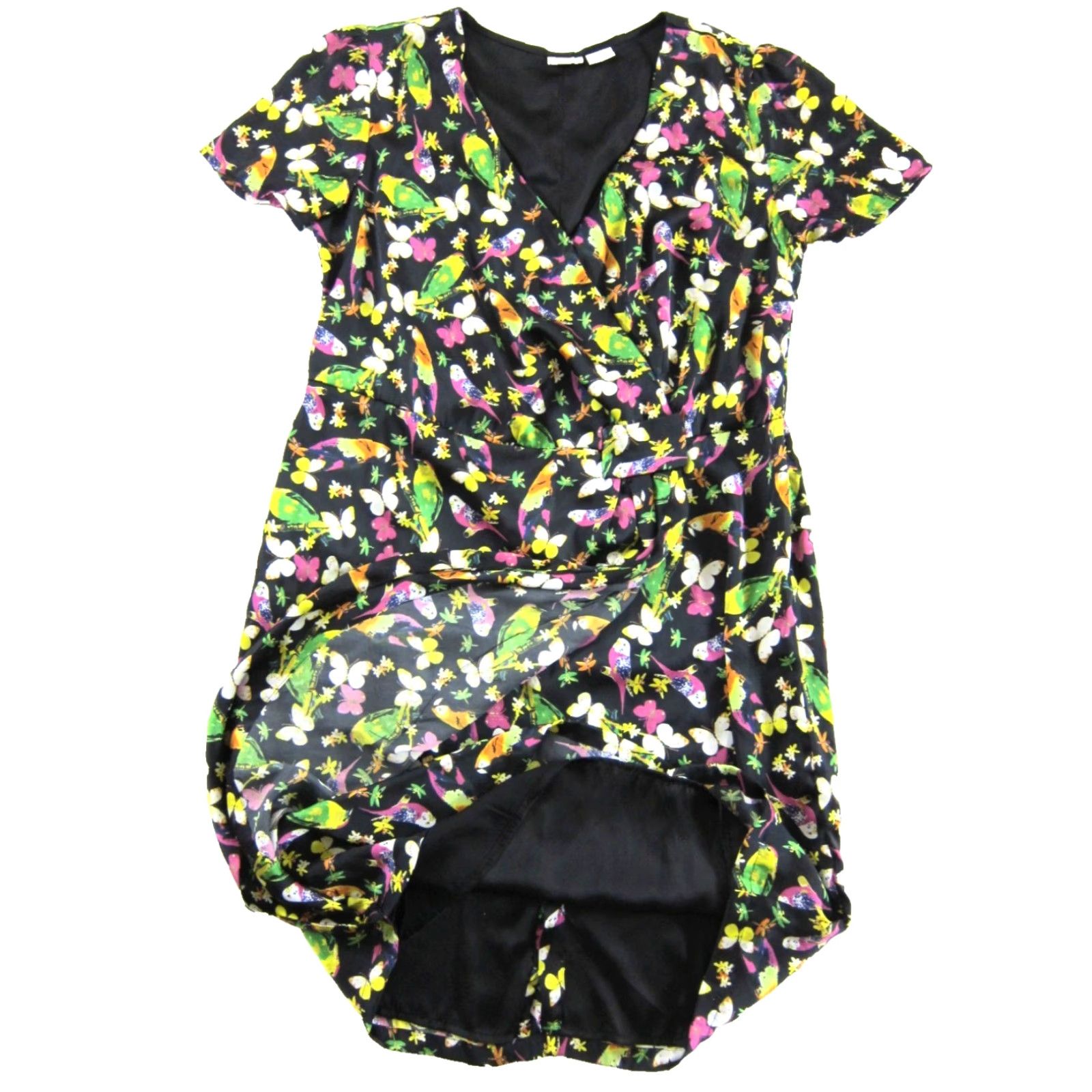 eShakti Black Pink Green Bird Short Sleeve V-Neck Sheath Wrap Dress Woman  2XL