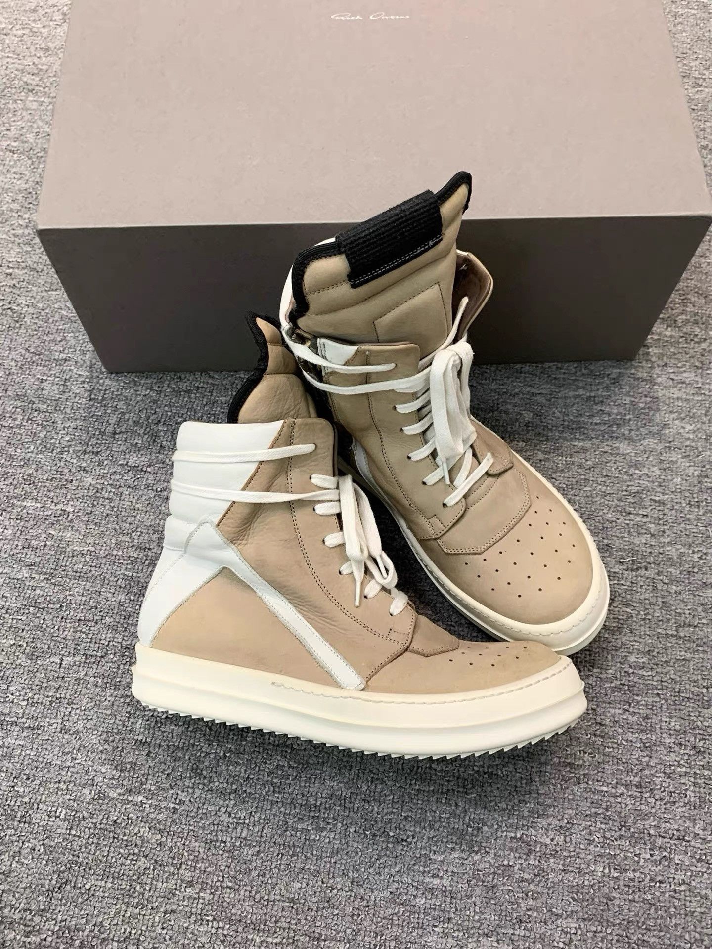 Rick Owens Rick Owens Brown White Leather High-Top Geobasket K34 Size US 6 / IT 36 - 2 Thumbnail