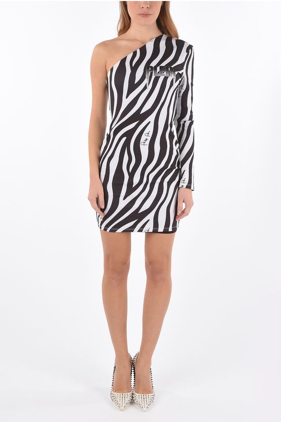 image of Philipp Plein Zebra Patterned One Shoulder Mini Dress in Black/White, Women's (Size Small)