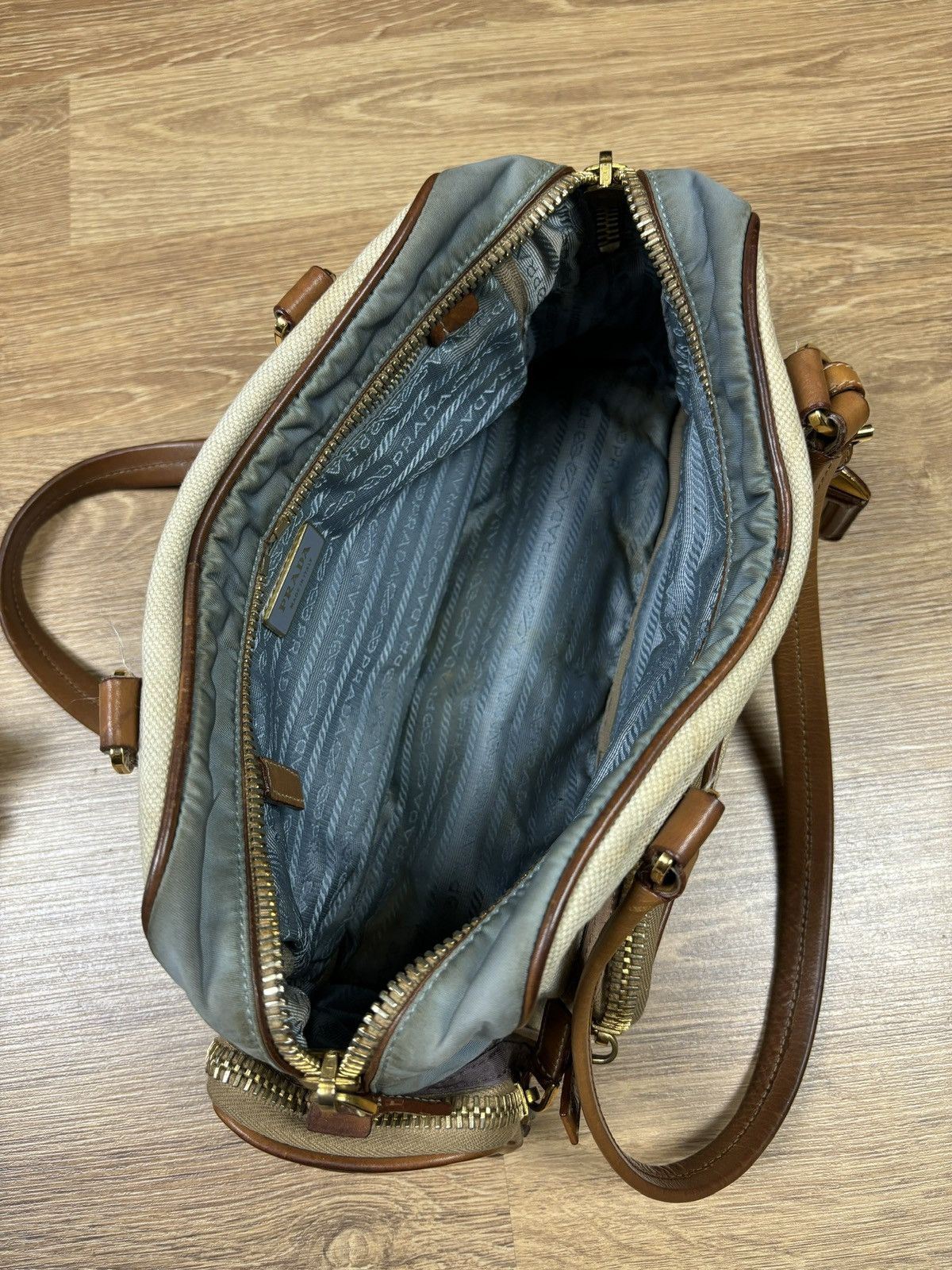 Prada Prada Beige Canvas & Brown Leather Shoulder Bag Size ONE SIZE - 10 Thumbnail