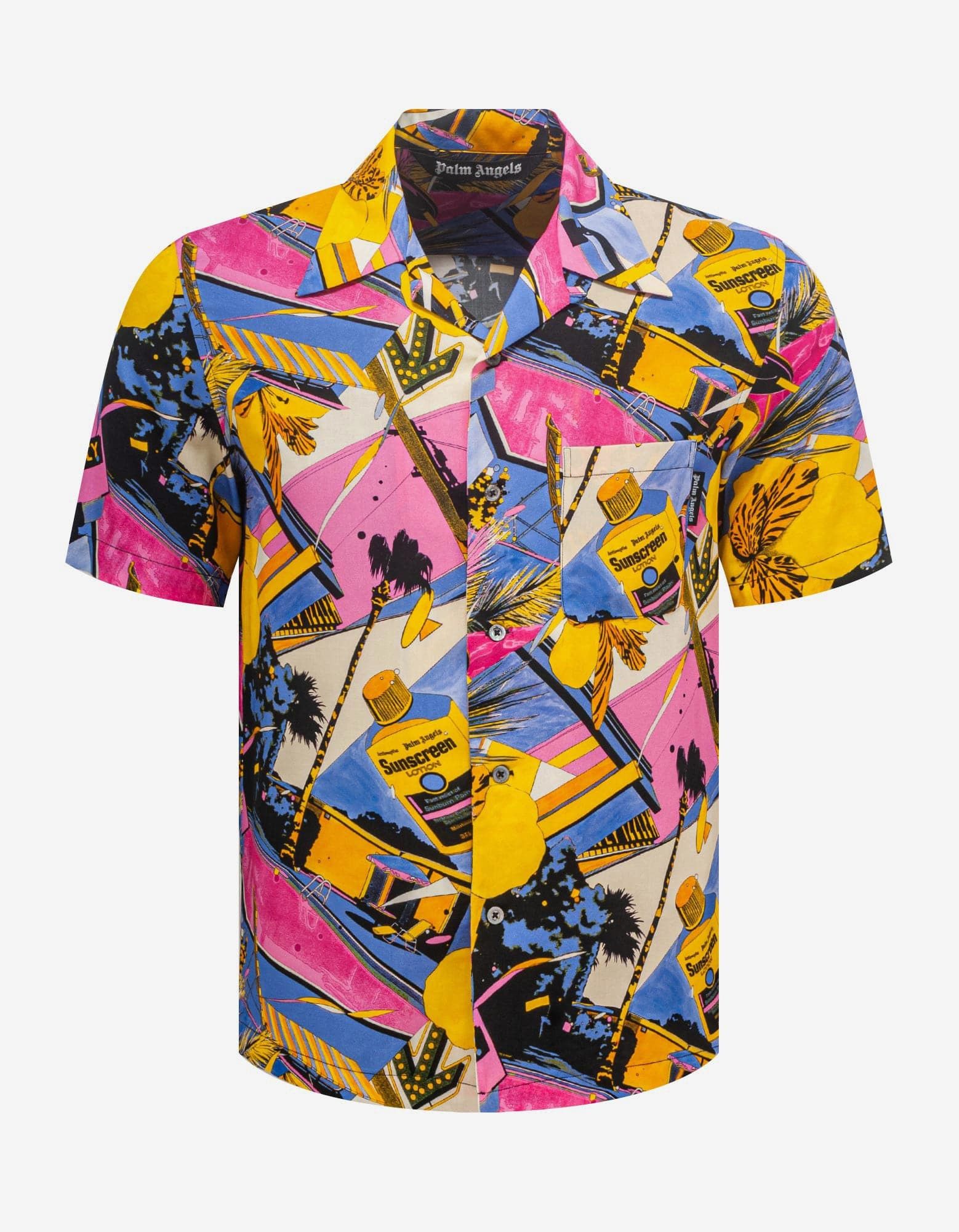 image of Palm Angels Miami Mix Print Bowling Shirt Size 44 in Pink/Purple/Yellow, Men's