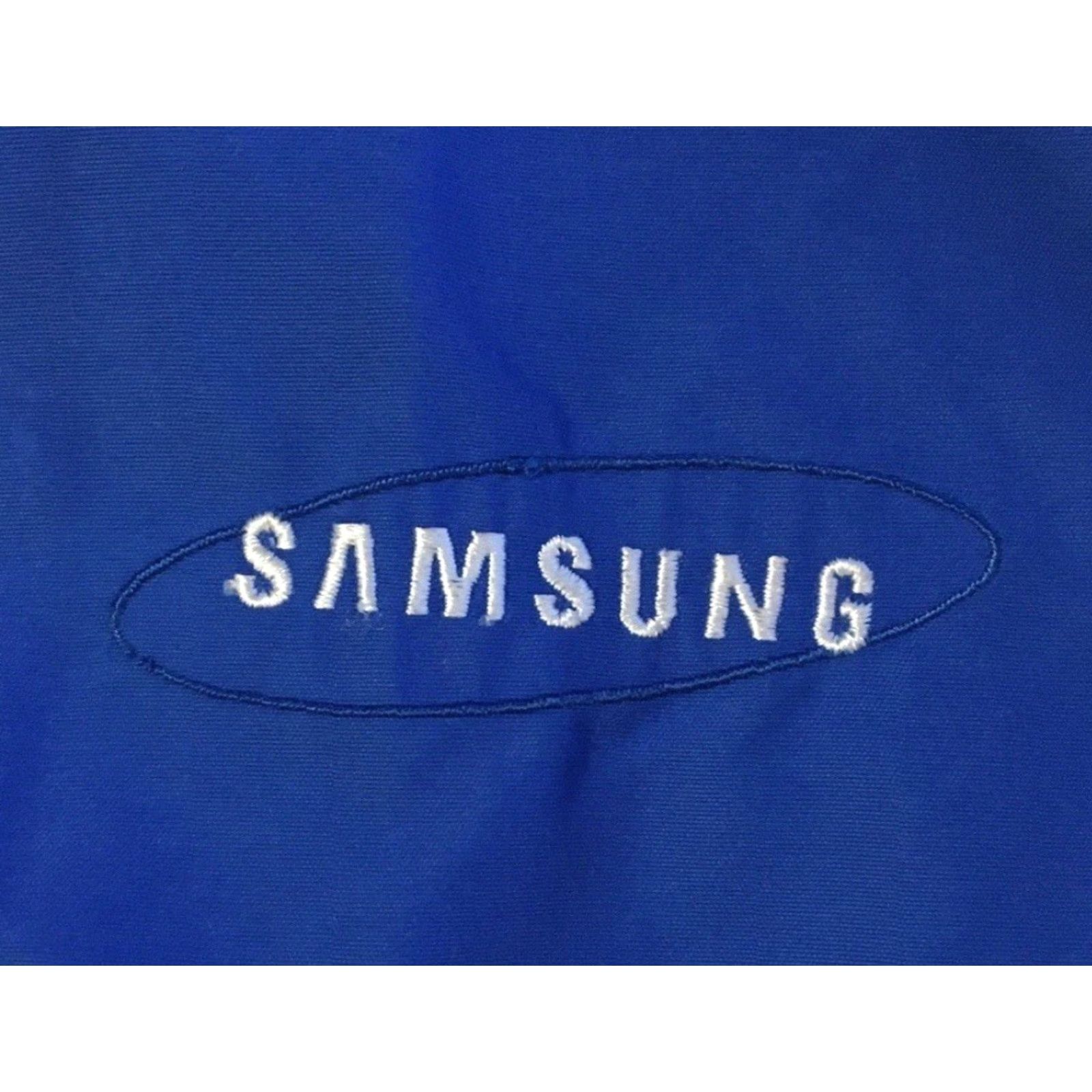Samsung VINTAGE Samsung Jacket Mens M Blue Striped Zip Pockets 90s Grunge Tech Computer Cell Phone Movie Retro USA Binary Theme Bomber Jacket Size US M / EU 48-50 / 2 - 2 Thumbnail
