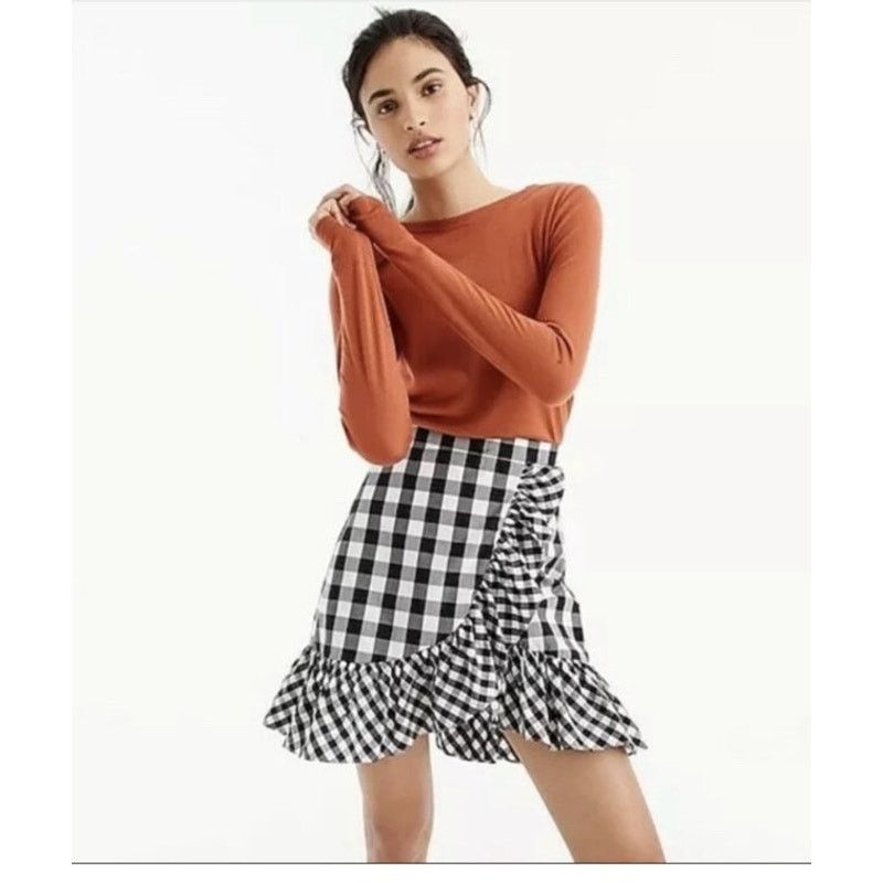 J.Crew J CREW Ruffle Wrap Gingham Mini Skirt Black White Cotton 0 Size 25" / US 0 / IT 36 - 7 Thumbnail