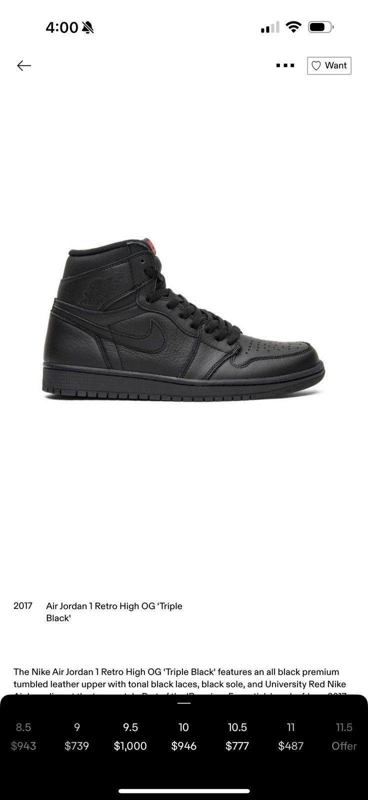 Nike 2017 Air Jordan 1 Retro High OG 'Triple Black' Used Size US 9 / EU 42 - 9 Thumbnail