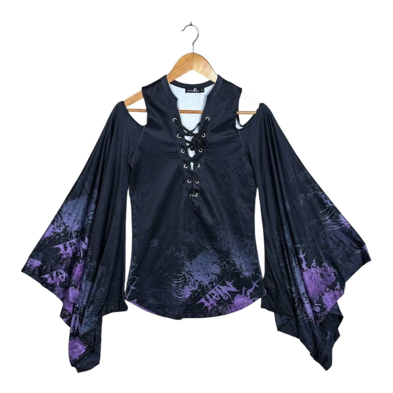 Japanese Brand NieR Japan Gothic Lace-Up Cold Shoulder Top | Size F Size S / US 4 / IT 40 - 1 Thumbnail