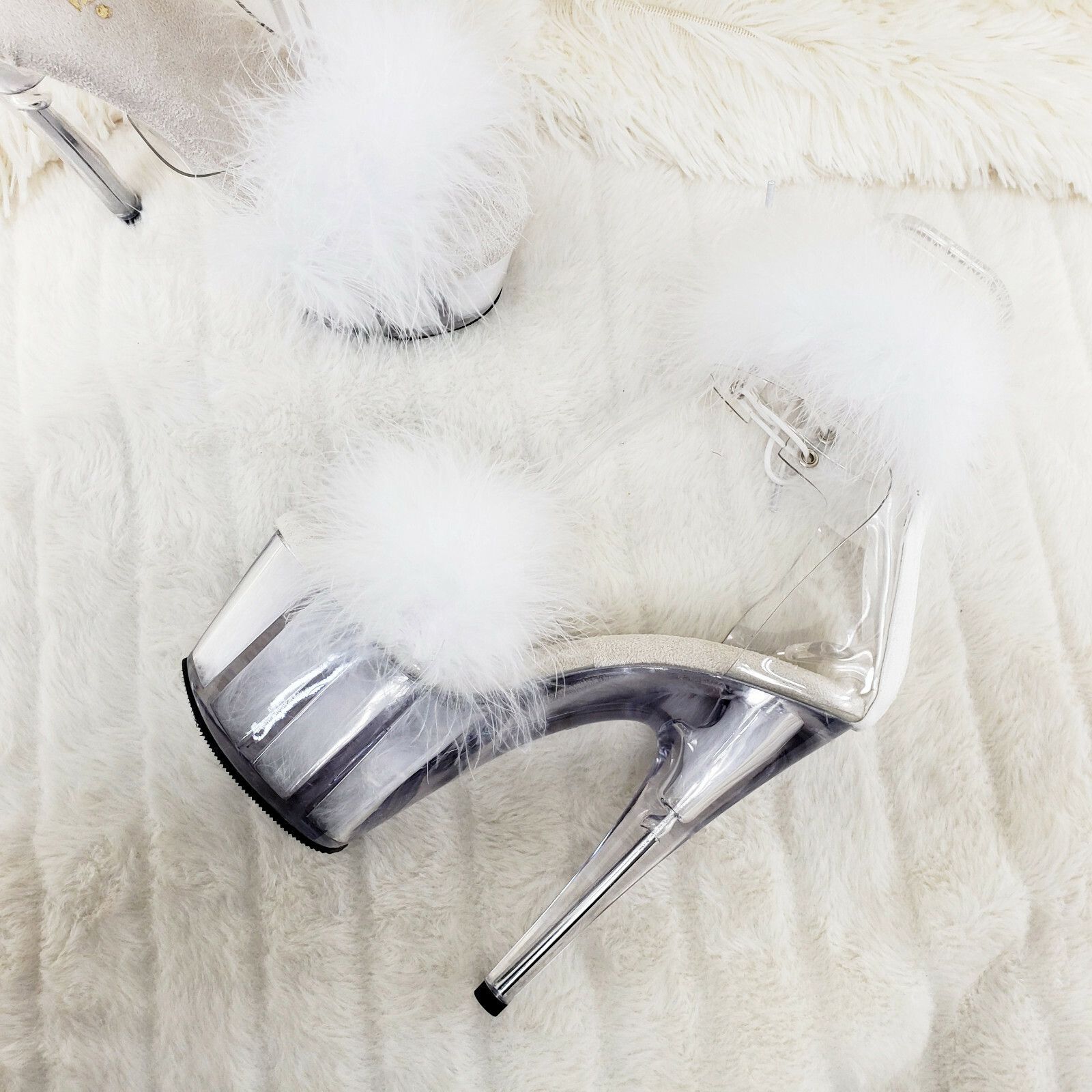 Other Adore 724 White Marabou Platform Shoes Sandals 7" High Heel Size US 11 / IT 41 - 3 Thumbnail