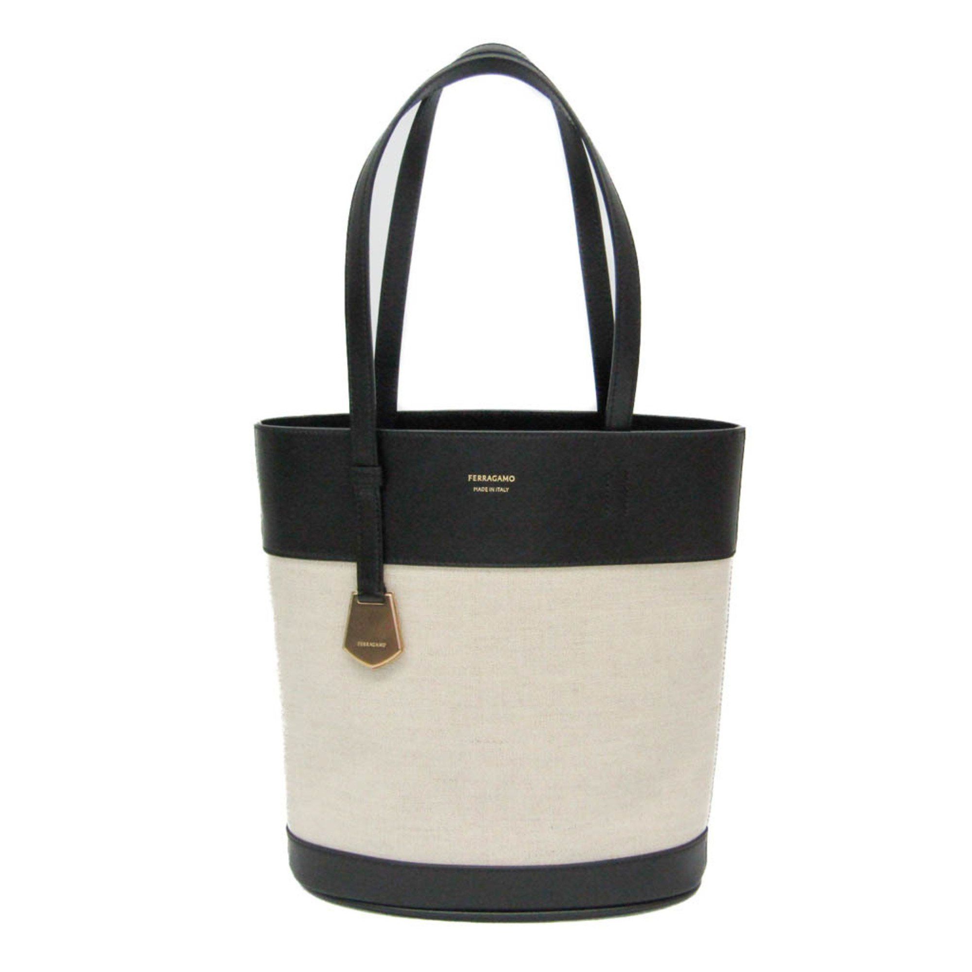 Salvatore Ferragamo Charming Tote Bag AU-21/7533 Women's LeatherCanvas Shoulder BagTote Bag BlackLight Brown