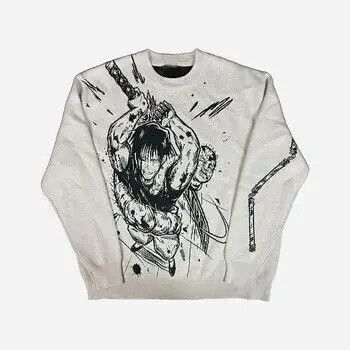 image of Vintage Knitting Gothic Anime Print Pattern O Neck Pullover in White, Women's