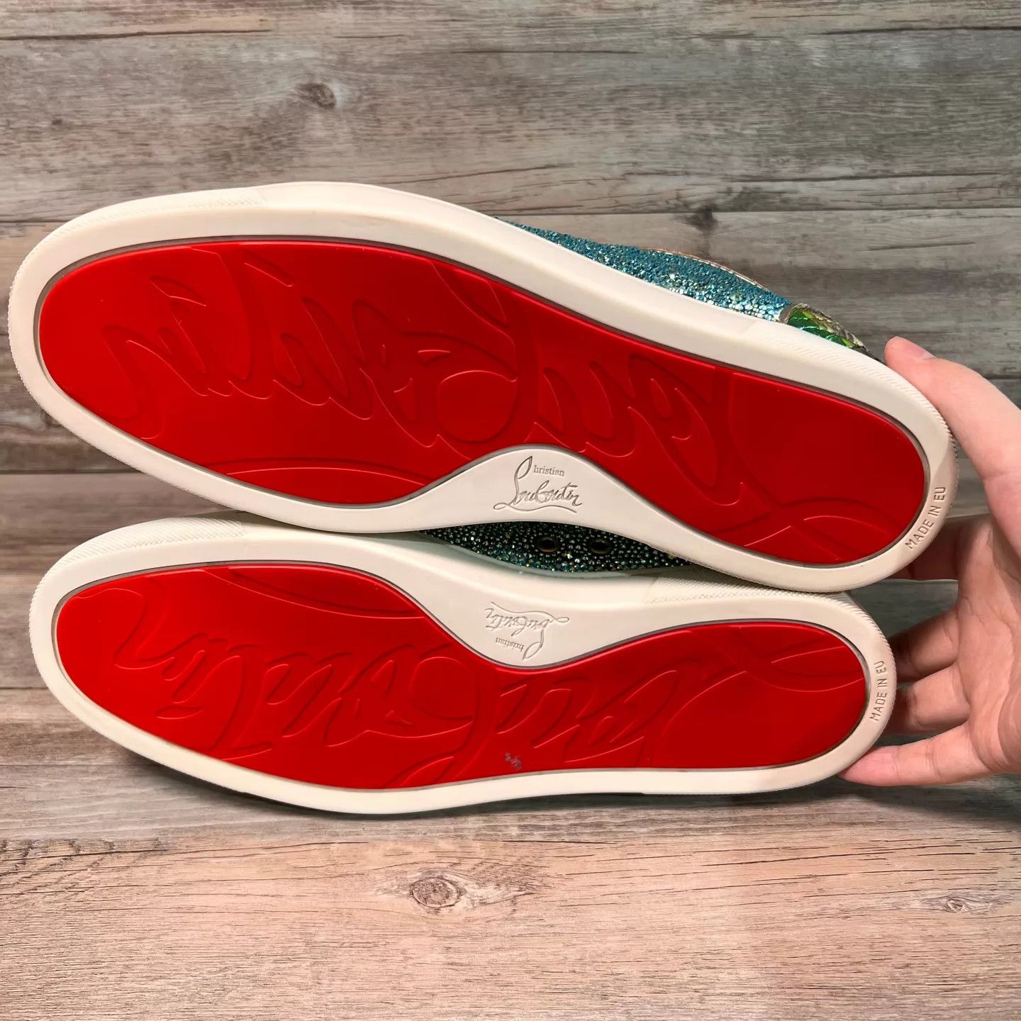 Christian Louboutin CL Green Snake Skin High-Top Crystal Red Sole Sneaker Size US 10.5 / EU 43-44 - 6 Thumbnail