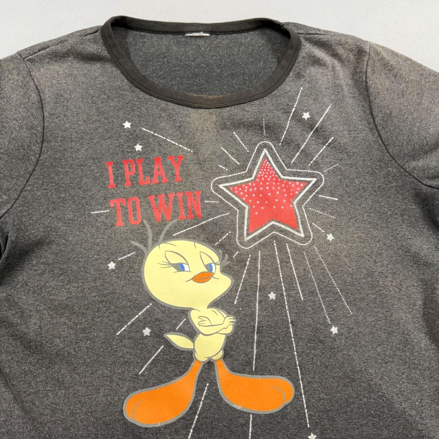 Vintage Tweety Bird Shirt Womens Large Gray Ringer I Play To Win Graphic T-Shirt Tee Size L / US 10 / IT 46 - 2 Thumbnail