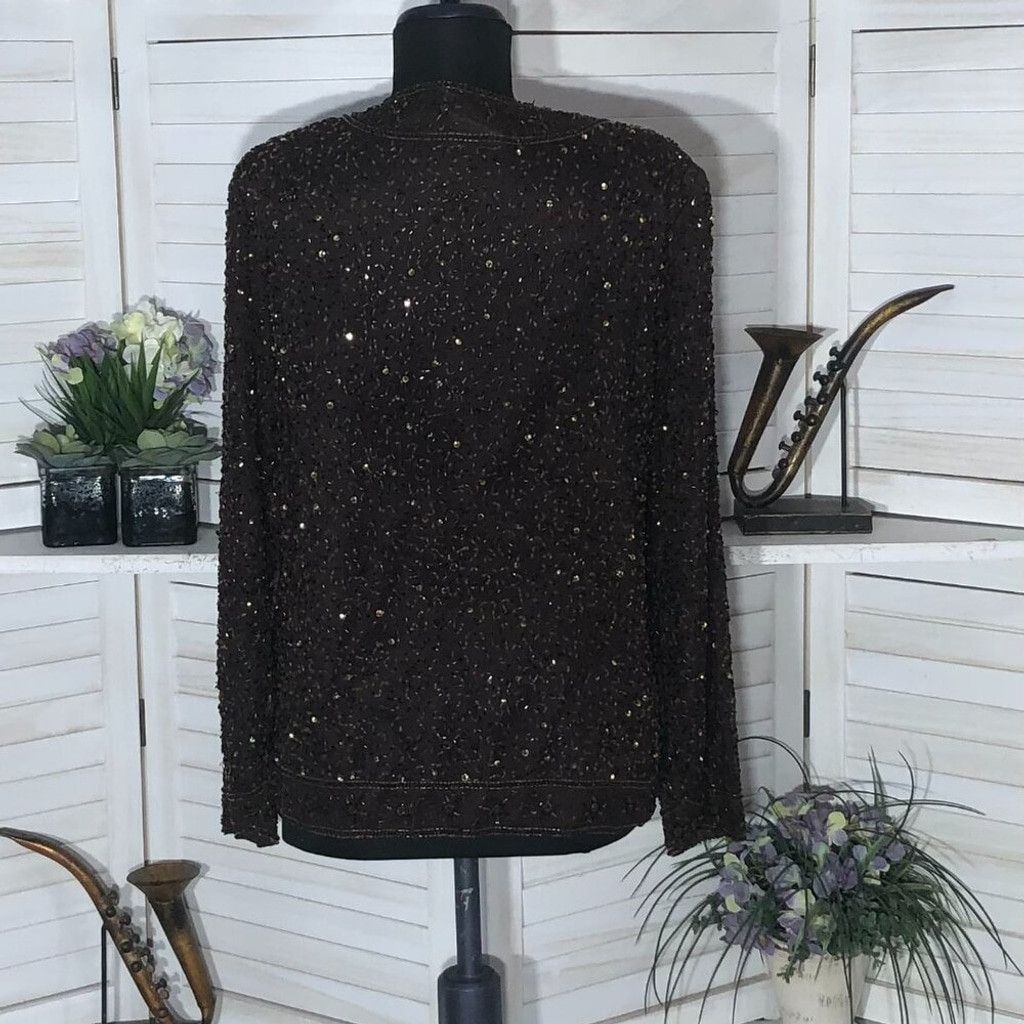 Vintage 100% silk beaded sequined brown blazer long sleeves blouse S Size XS / US 0-2 / IT 36-38 - 2 Thumbnail