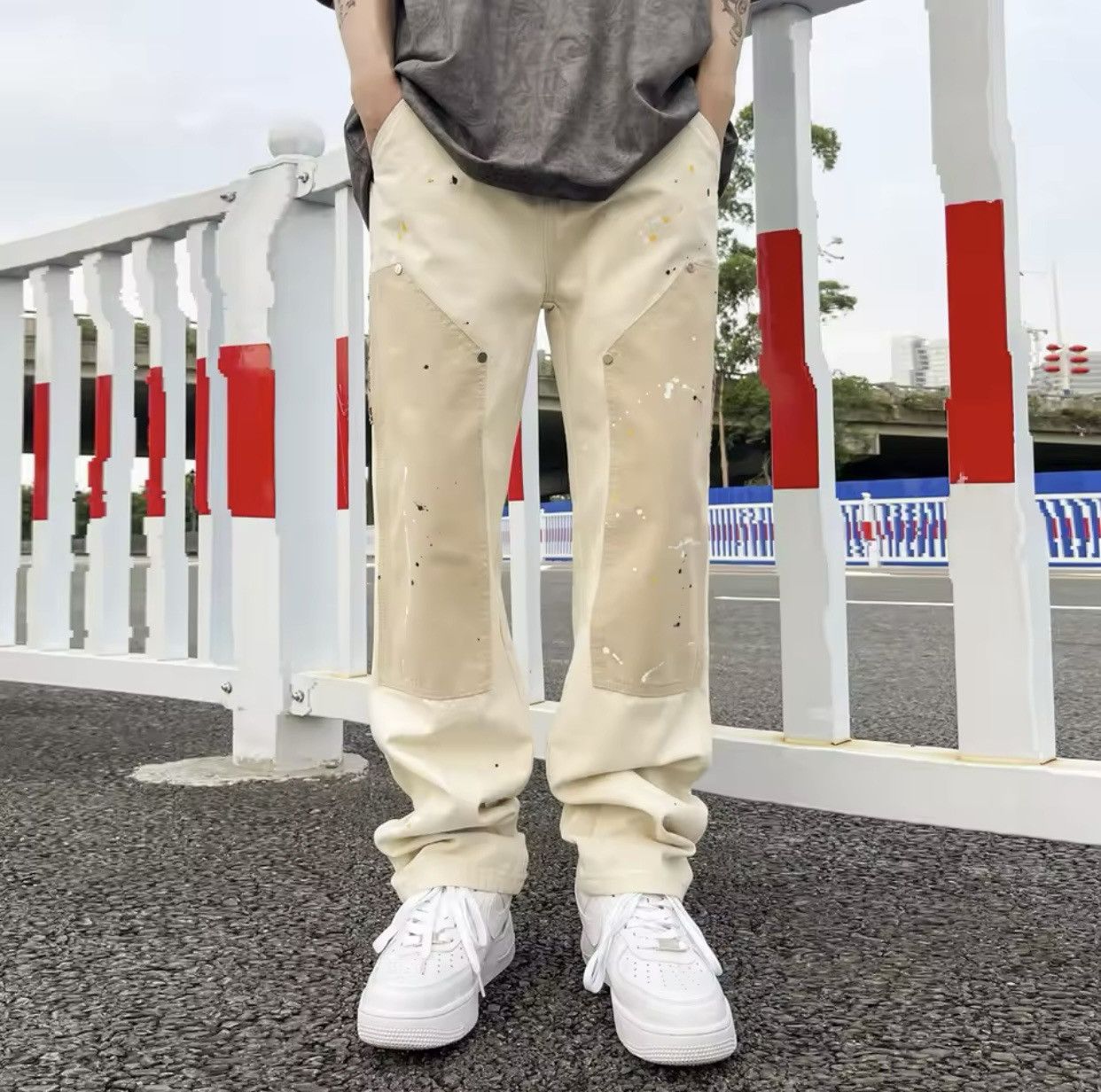 Hip Hop Khaki Cashew Flower Straight Leg Pants