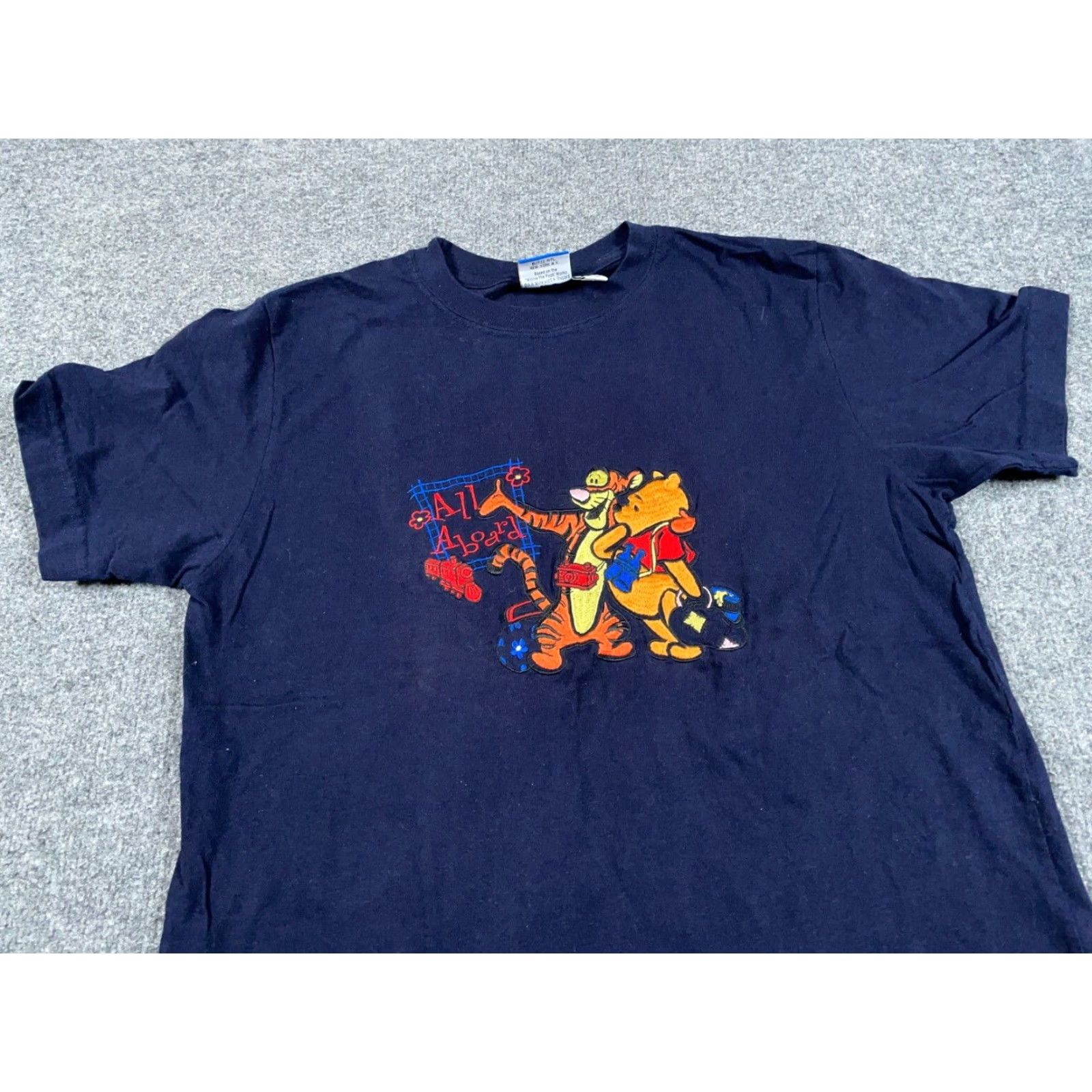 Disney VINTAGE Winnie the Pooh T-Shirt Dark Blue Embroidery Adult Large Tag Cotton Crew Neck Short Sleeve 90s Disney Graphic Tee Mens Size US M / EU 48-50 / 2 - 6 Thumbnail