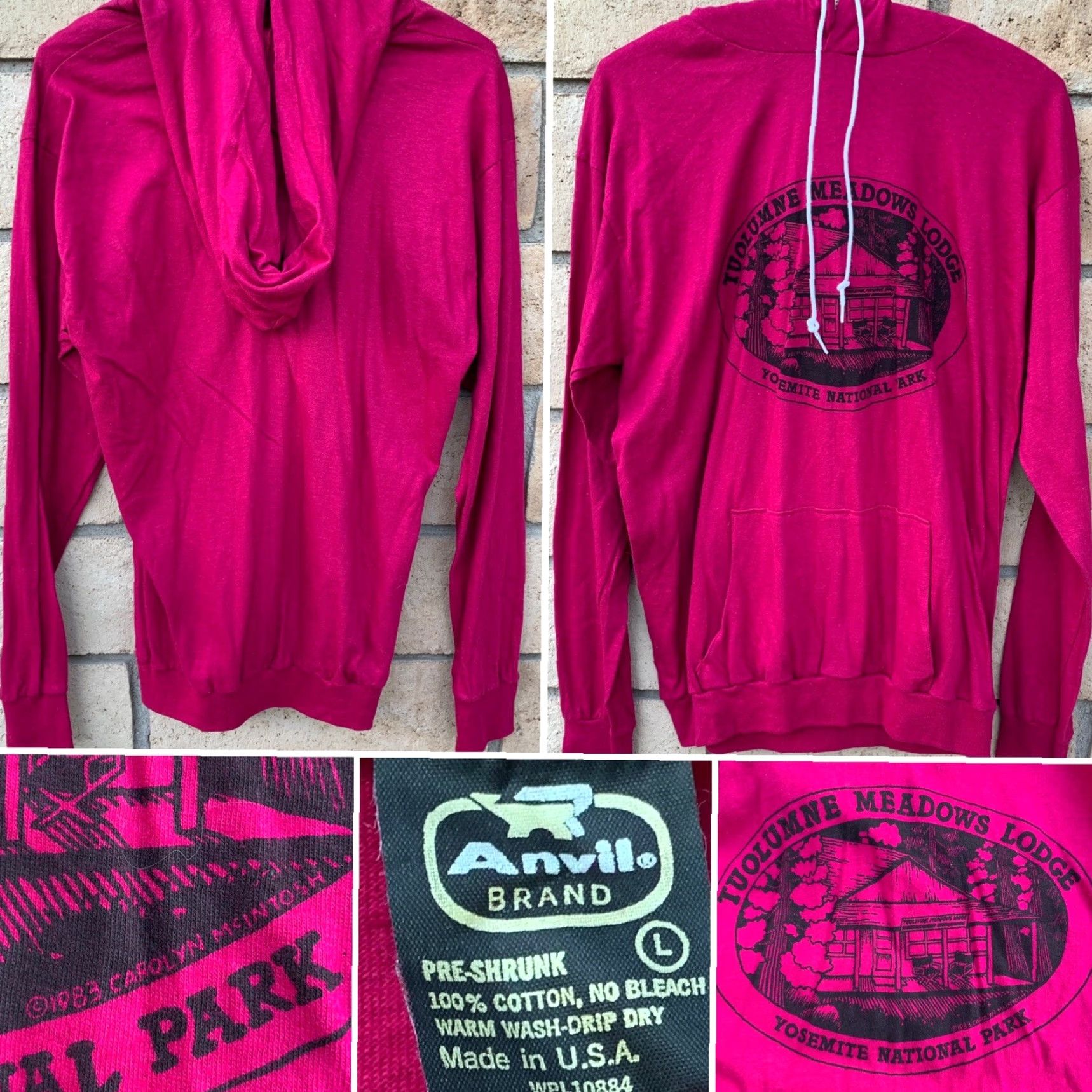 Anvil VINTAGE Anvil Hoodie T Shirt Men's 1980s L Pink Graphic Tee Yosemite Tuolumne Meadows Lodge Night Park CrowdStyle? Size US L / EU 52-54 / 3 - 2 Thumbnail