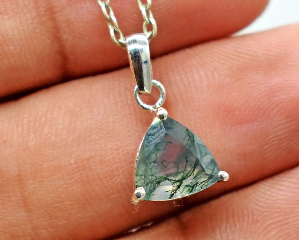Handmade Triangle Moss Agate Necklace: 925 Sterling Silver Pendant Size ONE SIZE - 4 Thumbnail