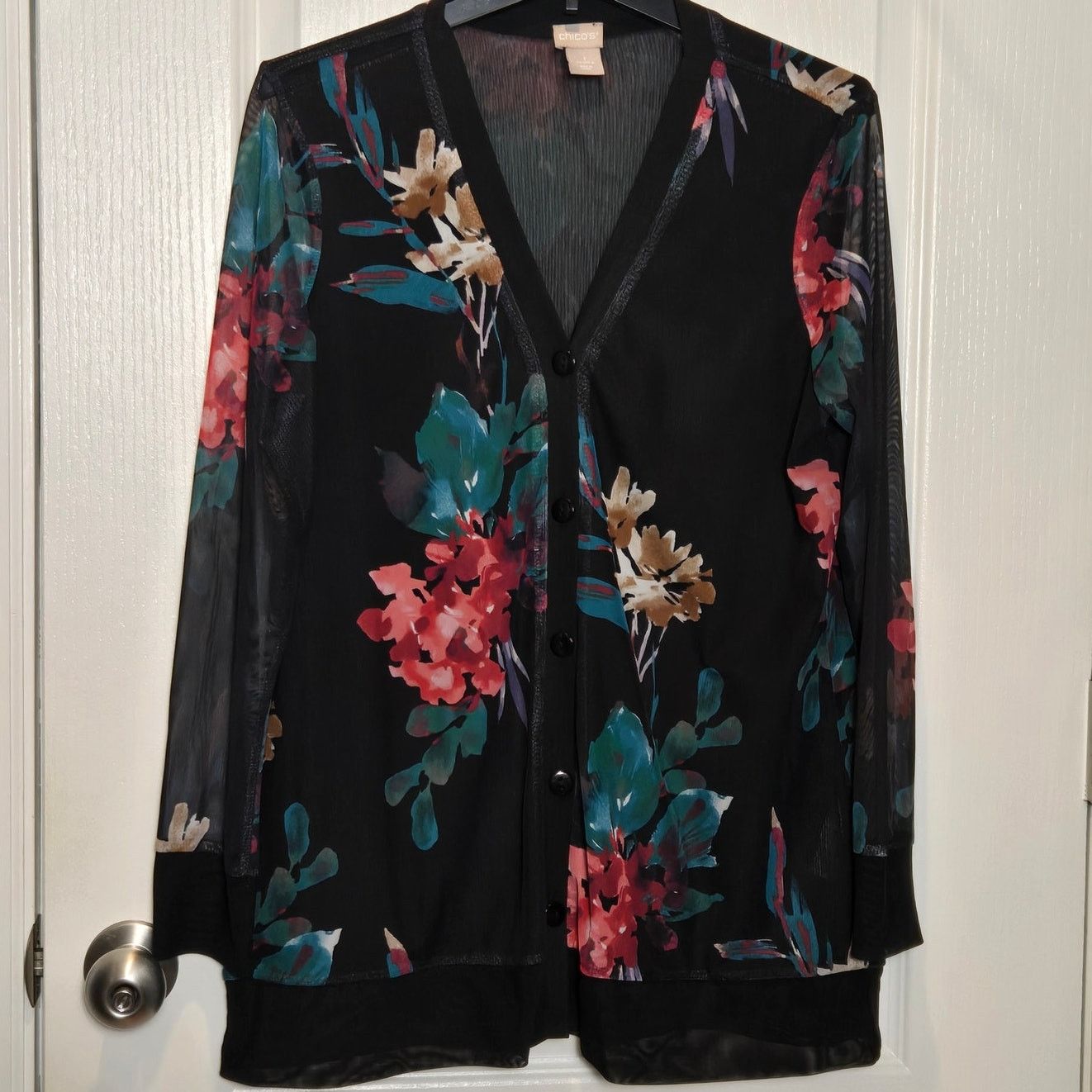 Chicos Chico's 1 US M Black Mesh Floral 3/4 Sleeve button cardigan Size M / US 6-8 / IT 42-44 - 1 Thumbnail