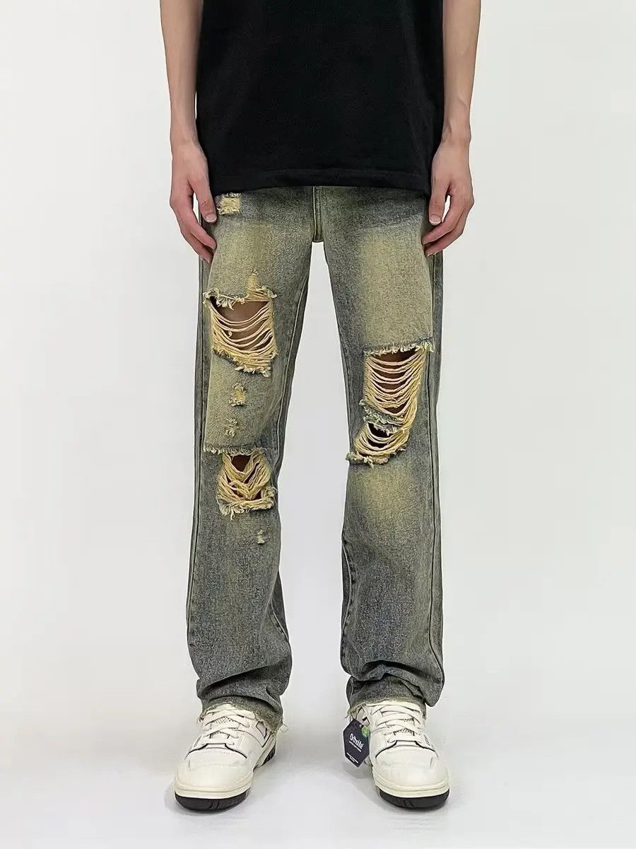 Loose straight leg washed ripped jeans
