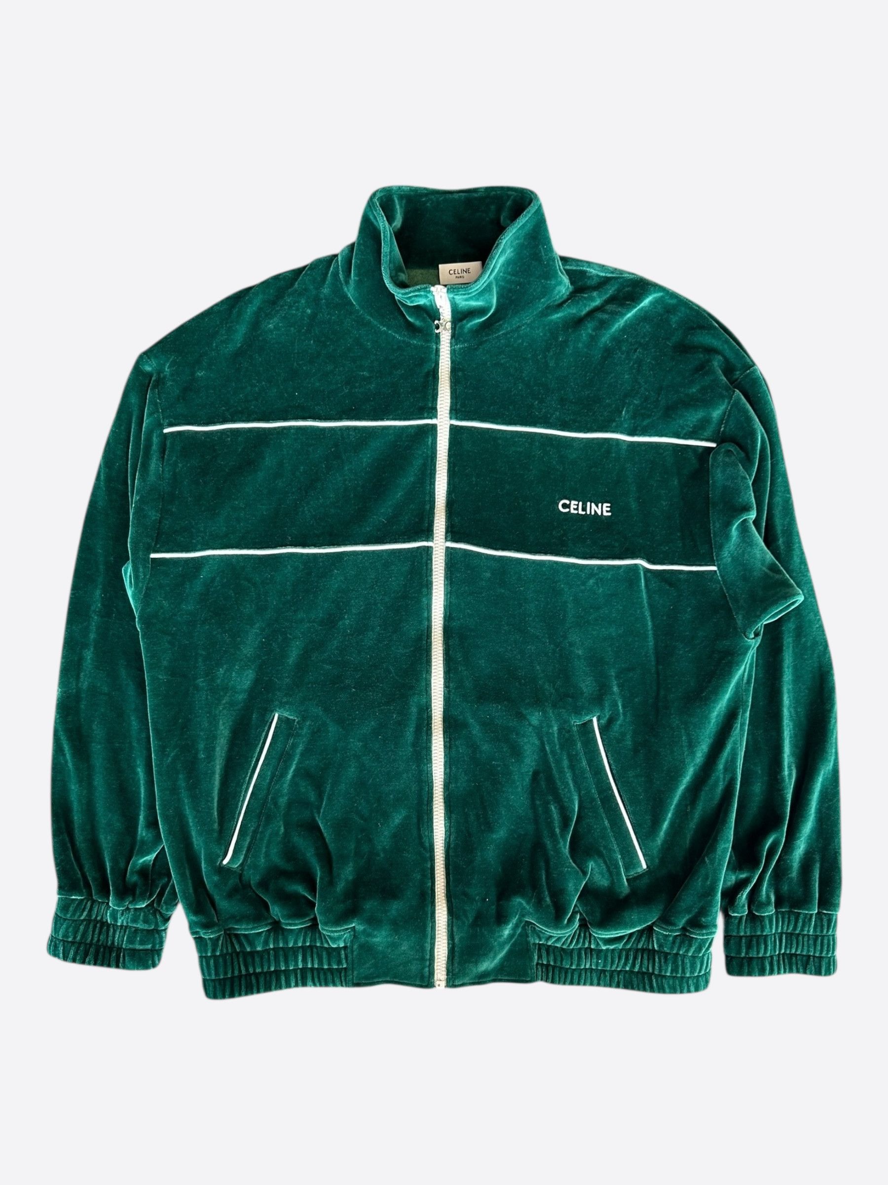 Celine Celine Faded Green & White Logo Velour Track Jacket Size US M / EU 48-50 / 2 - 1 Thumbnail