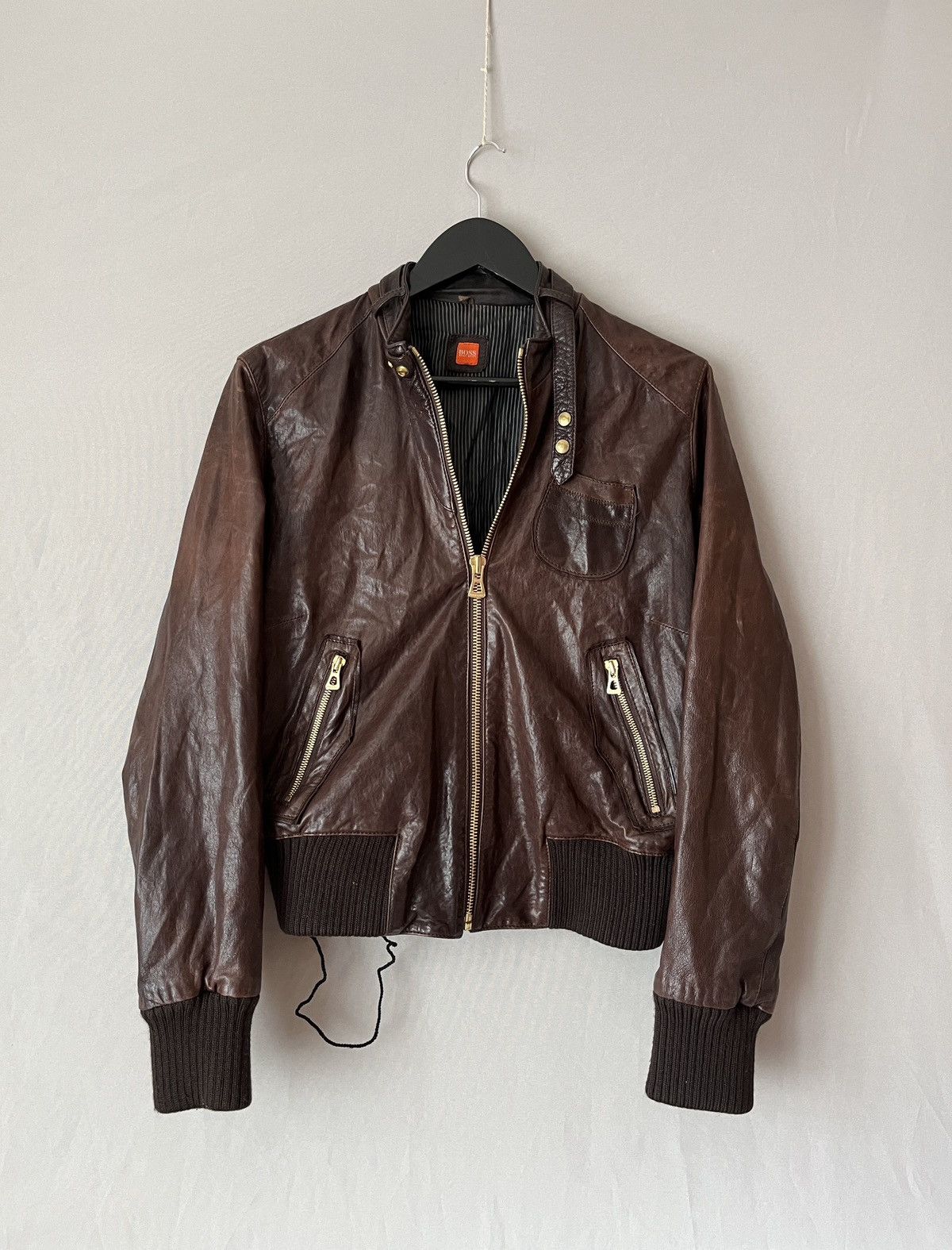 Hugo Boss Hugo Boss Real Leather Brown Bomber Jacket Detachable Pouch Size L / US 10 / IT 46 - 1 Thumbnail