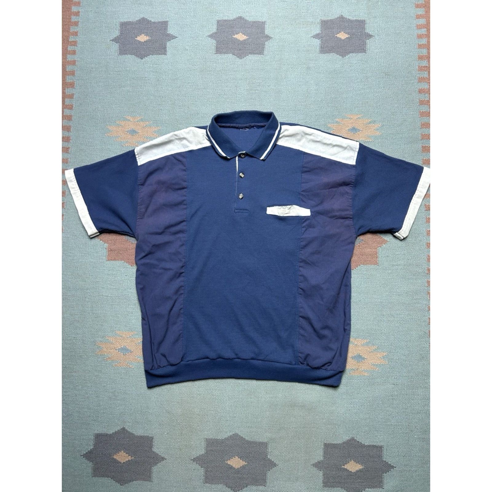 Vintage VINTAGE 80s 90s Short Sleeve Polo Shirt Waffle Knit Blue Tri Tone Men’s XL Polo Shirt - Blue, Unbranded, Knit, Short Sleeve, Regular, Men, XL Size US XL / EU 56 / 4 - 2 Thumbnail