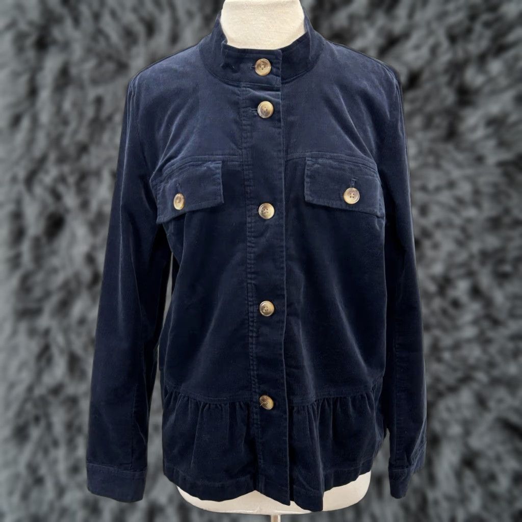 J. Jill J. Jill Jacket Women M Tall Navy Blue Corduroy Blazer Peplum Ruffle Button Long Sleeve Cotton Blend Solid Size 32" / US 10 / IT 46 - 1 Thumbnail