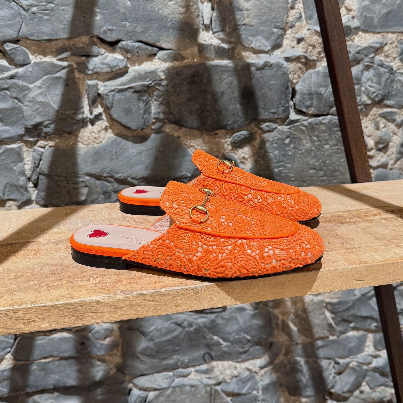 Gucci Gucci Neon Orange Lace Princetown Slippers Size US 7.5 / IT 37.5 - 1 Thumbnail