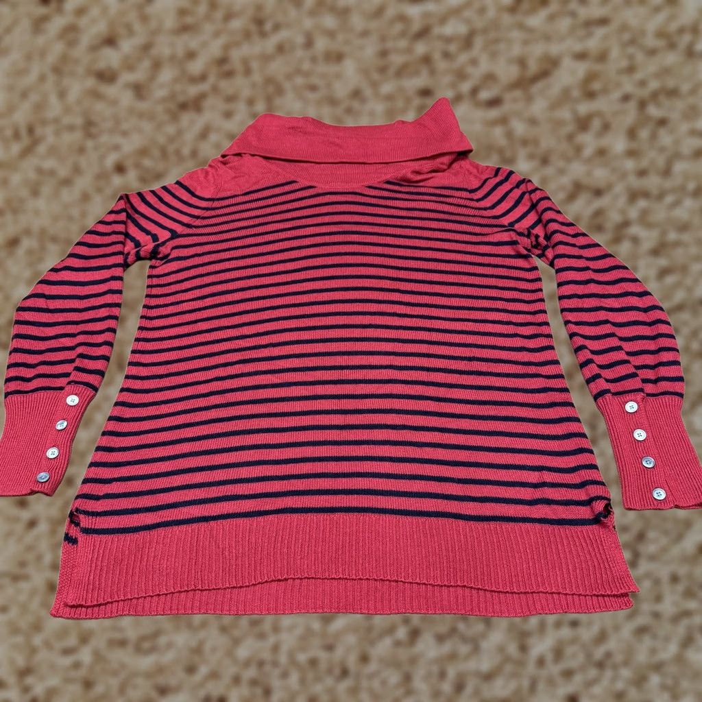 Ralph Lauren Lauren Ralph Lauren Sweater Womens Large Red Stripe Cowl Neck Button Cuff Knit Size L / US 10 / IT 46 - 1 Thumbnail