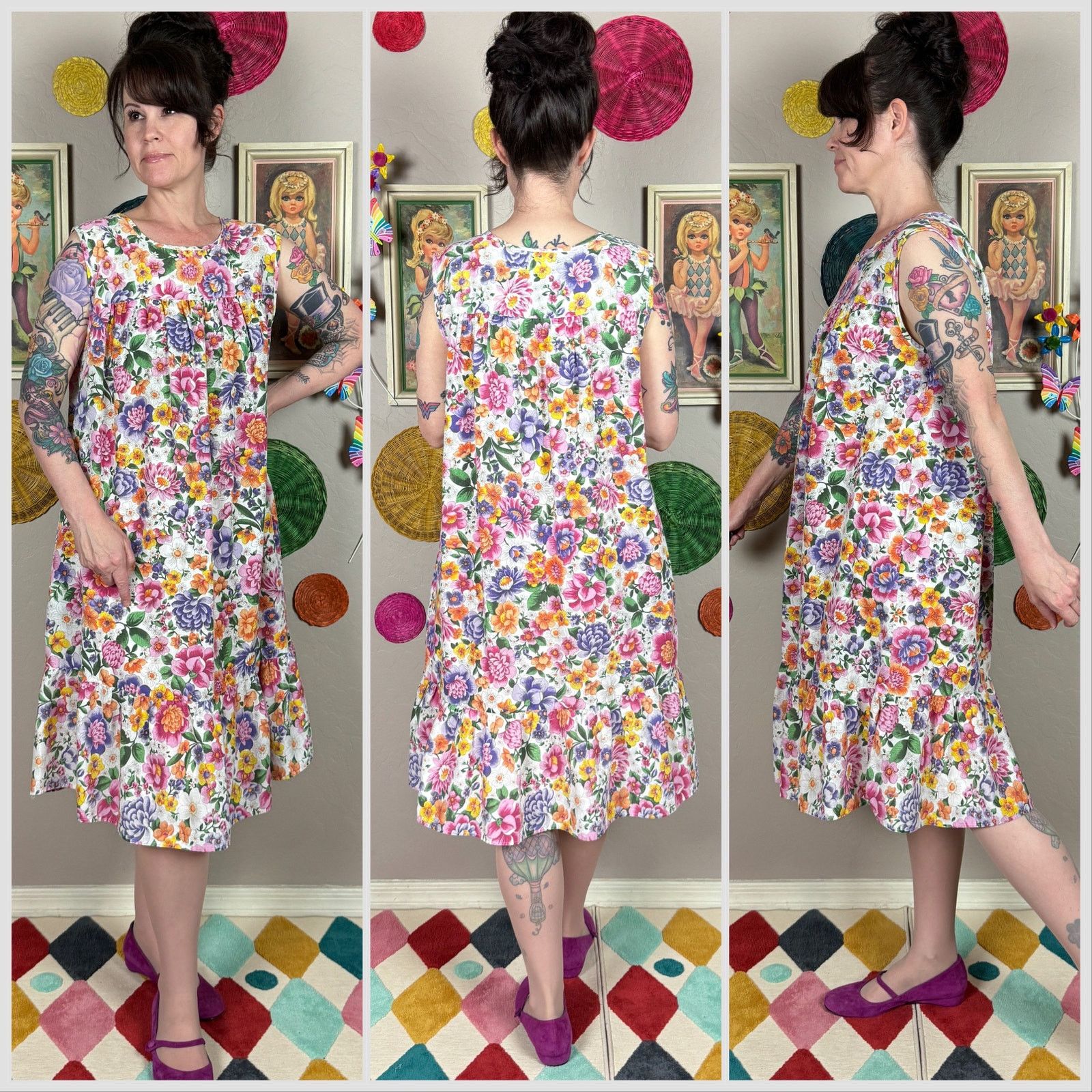 Vintage Vintage 1980s Spring Floral Sleeveless House Dress Size M / US 6-8 / IT 42-44 - 2 Thumbnail