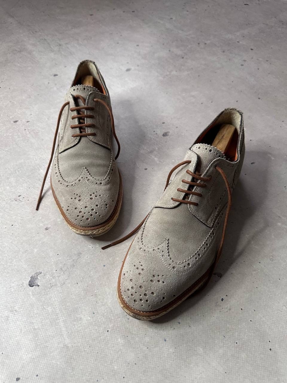 Santoni Suede Brogue Shoes Light Grey Size 7.5 Made in Italy